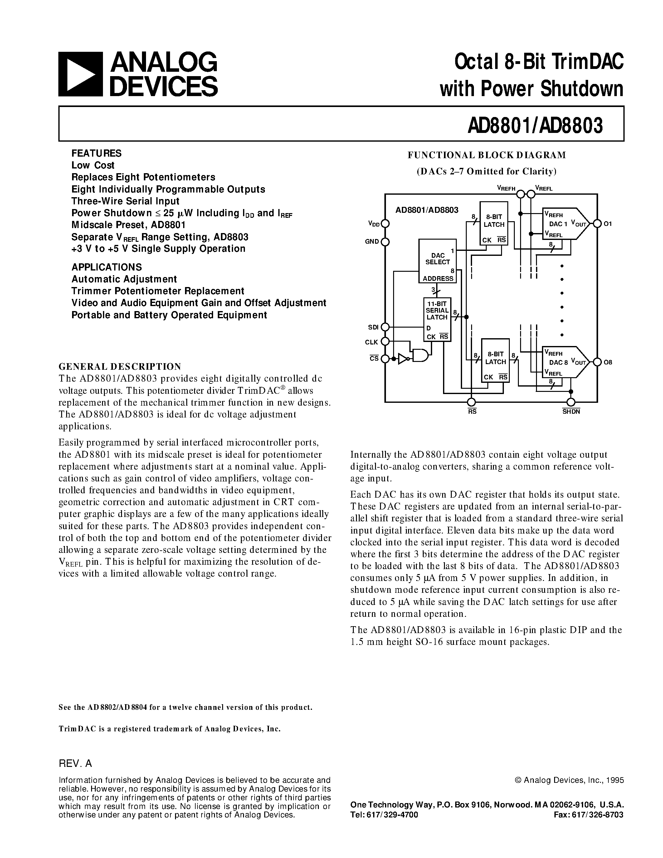 Даташит AD8801AN - Octal 8-Bit TrimDAC with Power Shutdown страница 1