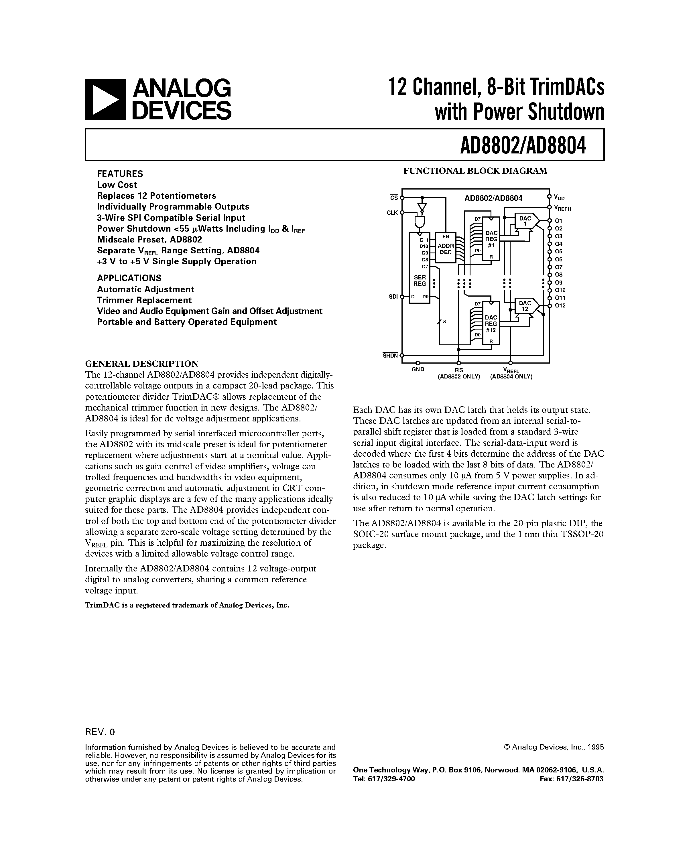 Даташит AD8802 - 12 Channel/ 8-Bit TrimDACs with Power Shutdown страница 1