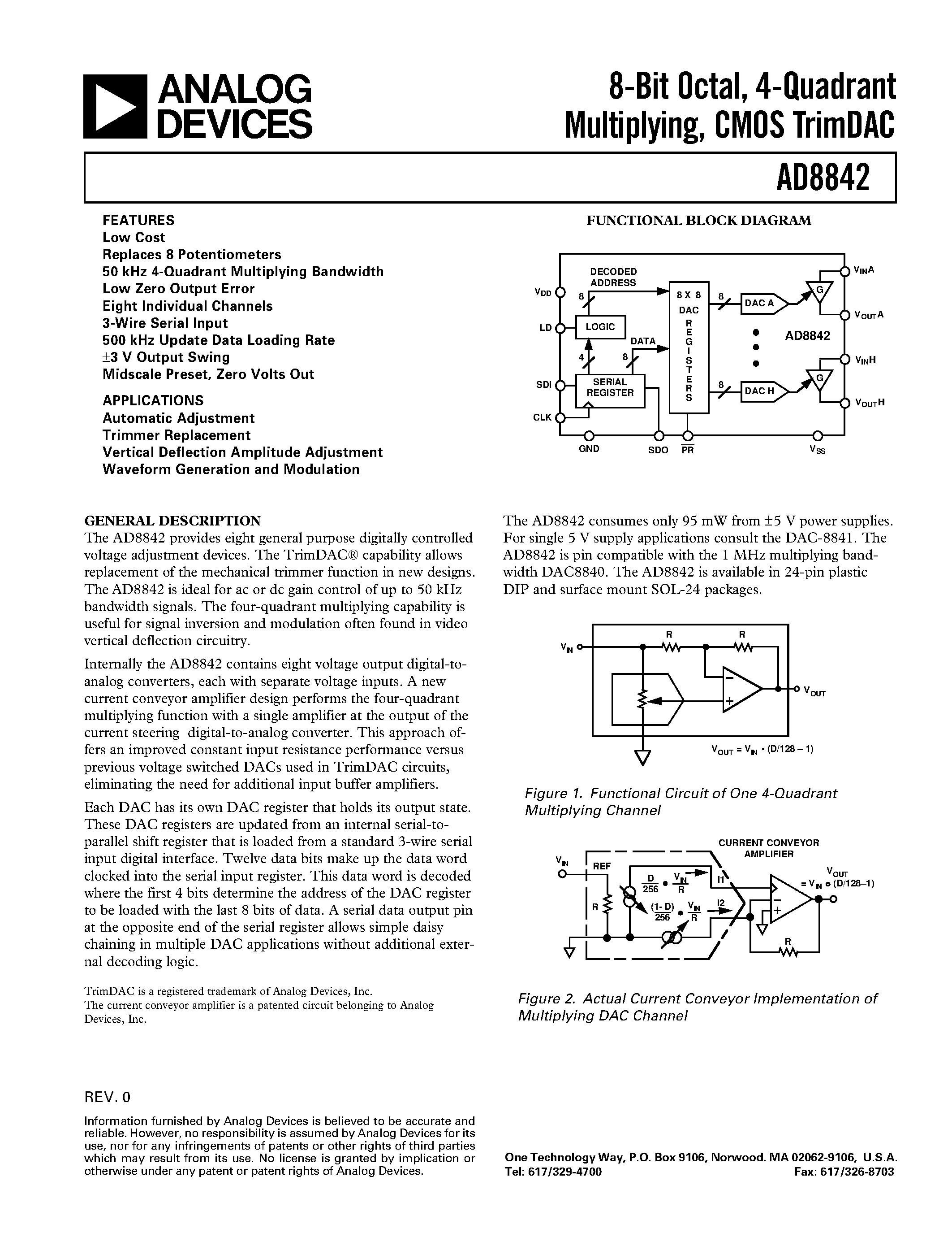 Datasheet AD8842AN page 1 Datasheet AD8842AN - 8-Bit Octal/ 4-Quadrant Multiplying/ CMOS TrimDAC page 1