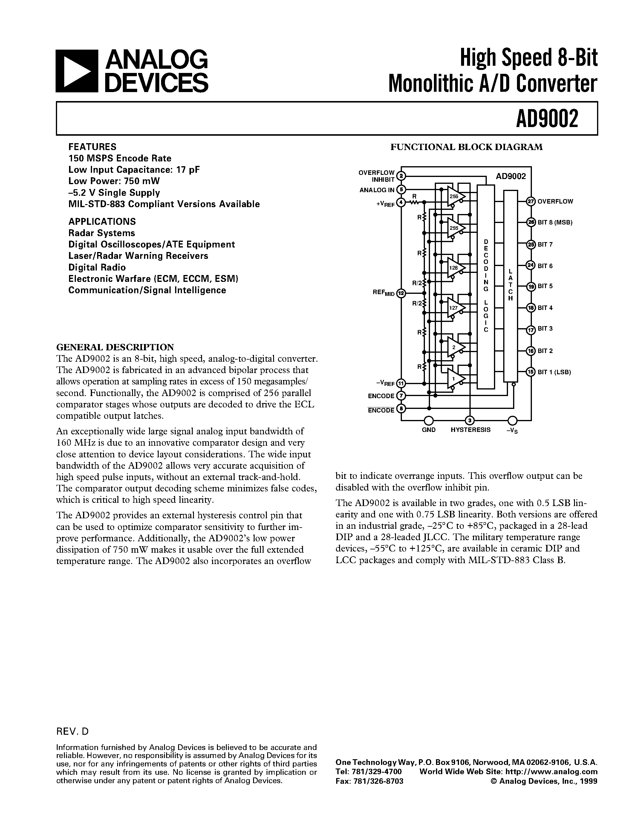 Datasheet AD9002TE/883B page 1 Datasheet AD9002TE/883B - High Speed 8-Bit Monolithic A/D Converter page 1