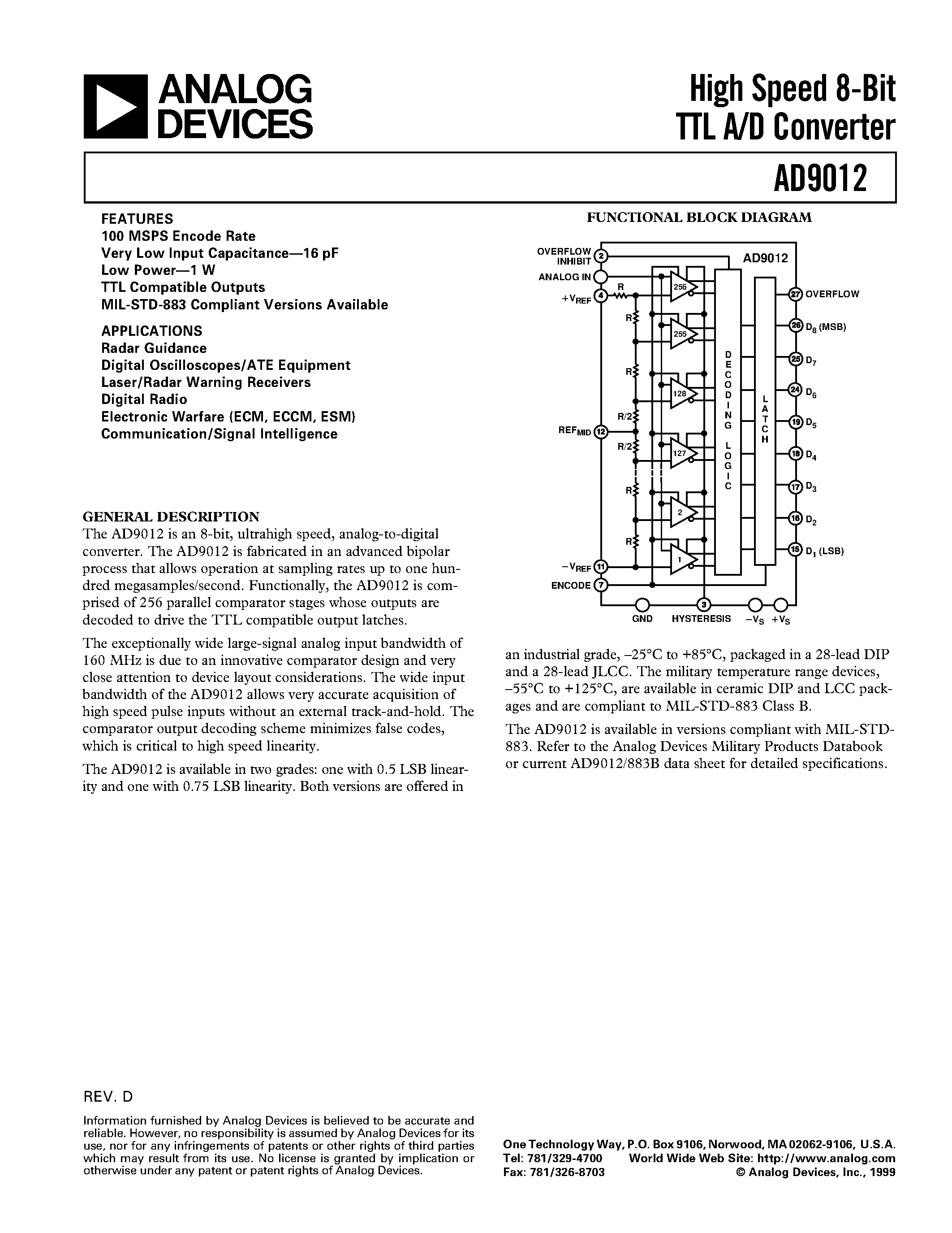 Даташит на микросхему AD9012SE страница 1 Даташит AD9012SE - High Speed 8-Bit TTL A/D Converter страница 1