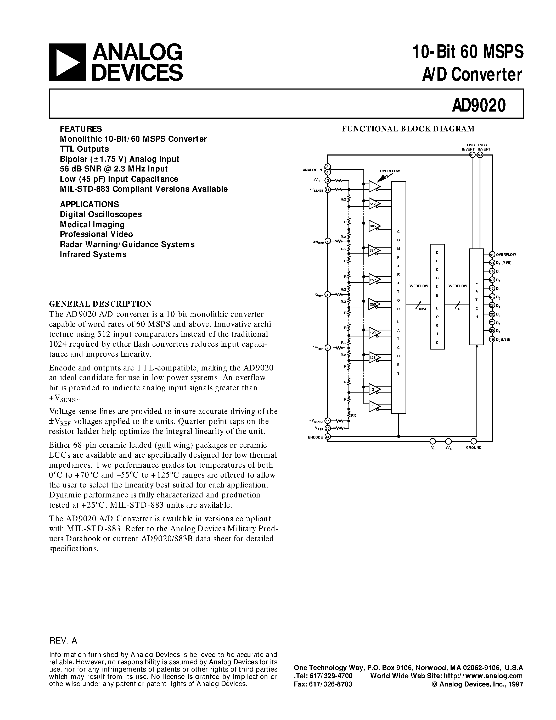 Datasheet AD9020TZ/883 page 1 Datasheet AD9020TZ/883 - 10-Bit 60 MSPS A/D Converter page 1