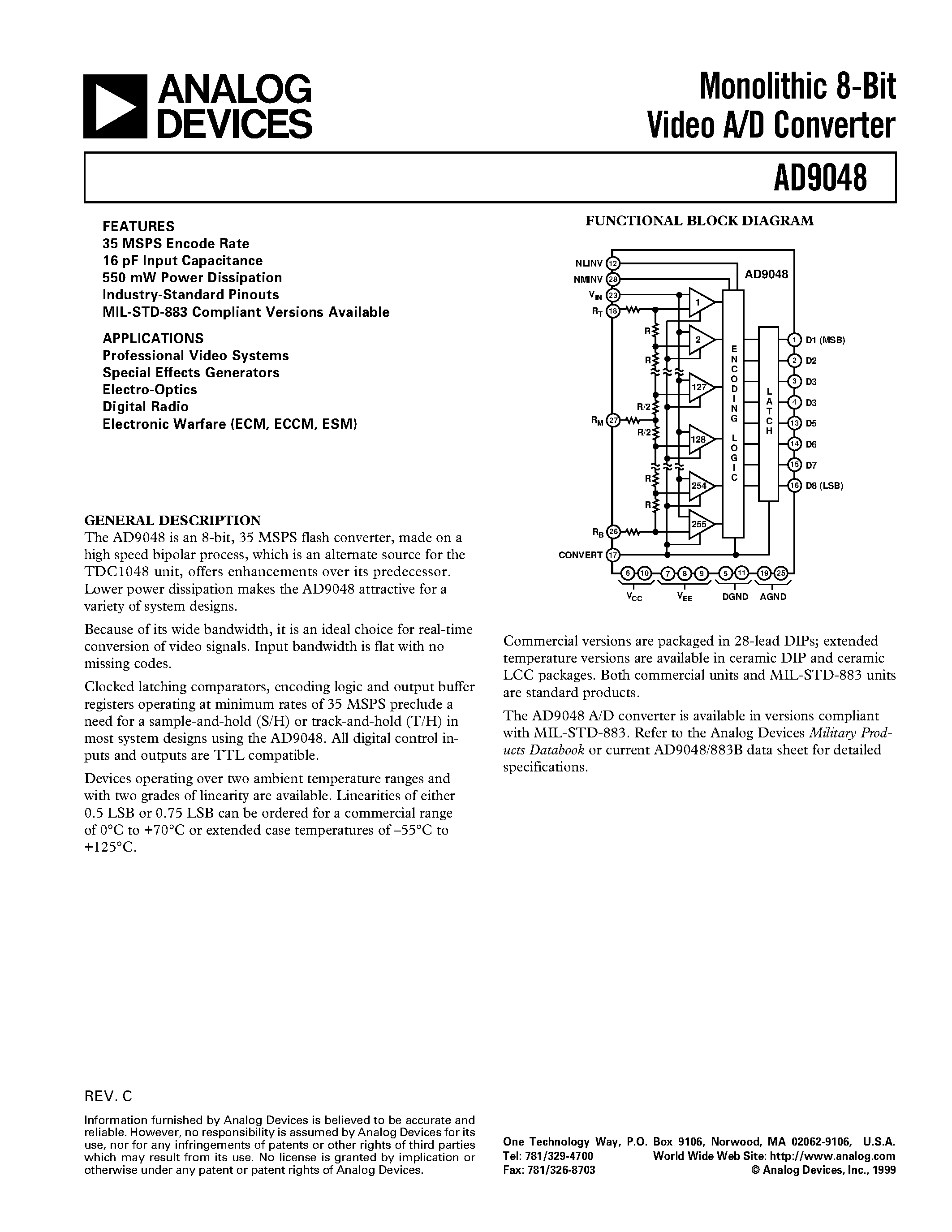 Datasheet AD9048KQ page 1 Datasheet AD9048KQ - Monolithic 8-Bit Video A/D Converter page 1