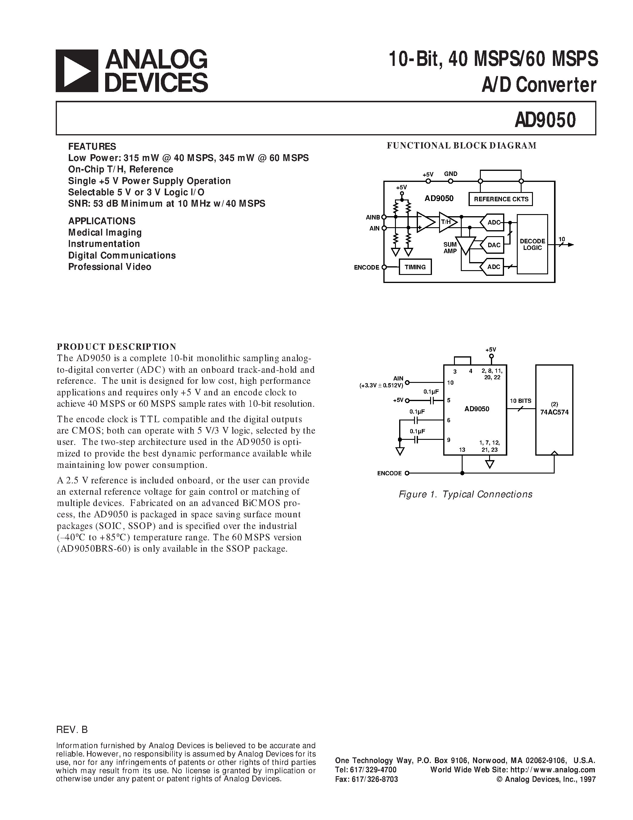 Datasheet AD9050BRS-60 - 10-Bit/ 40 MSPS/60 MSPS A/D Converter page 1