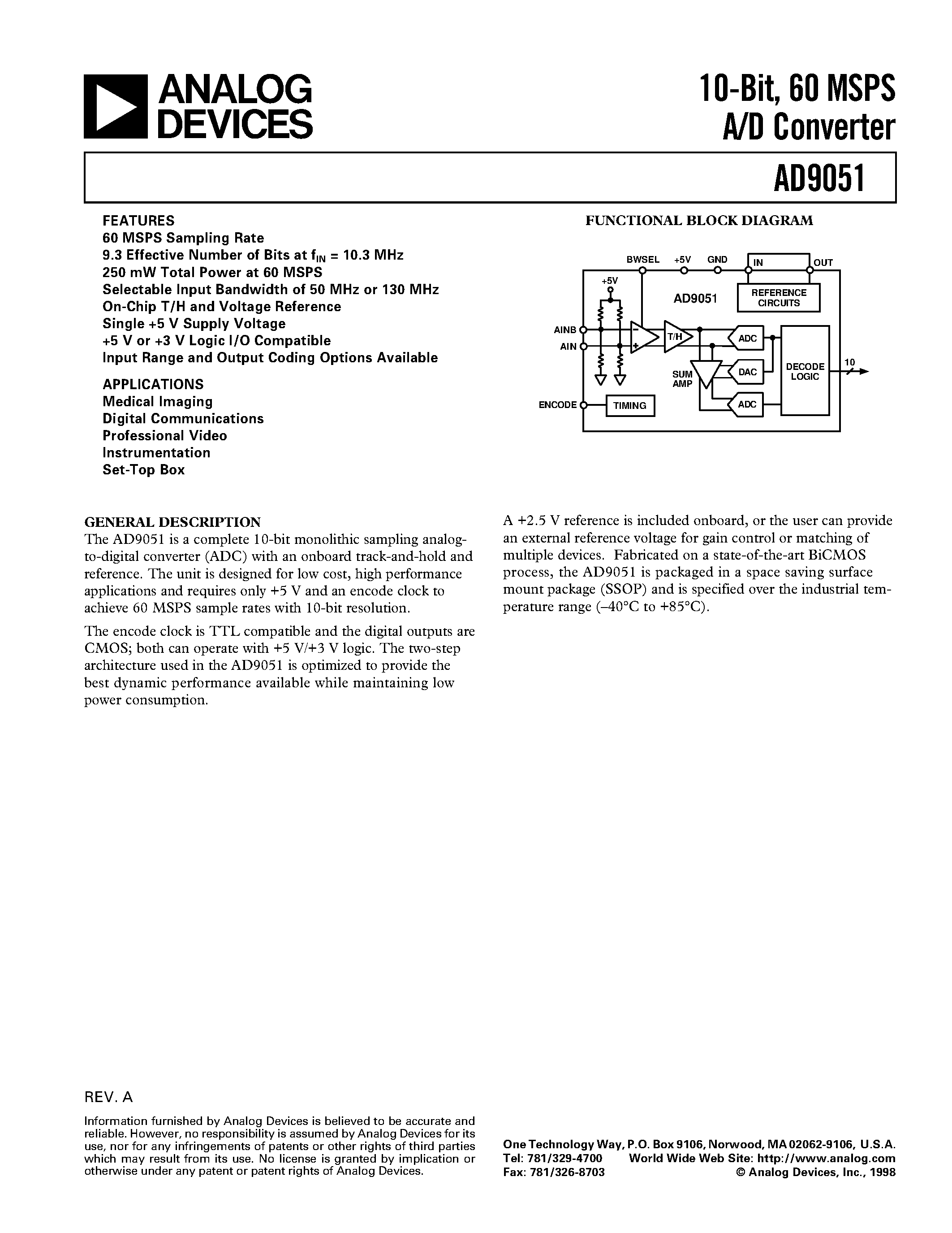 Datasheet AD9051PCB page 1 Datasheet AD9051PCB - 10-Bit/ 60 MSPS A/D Converter page 1
