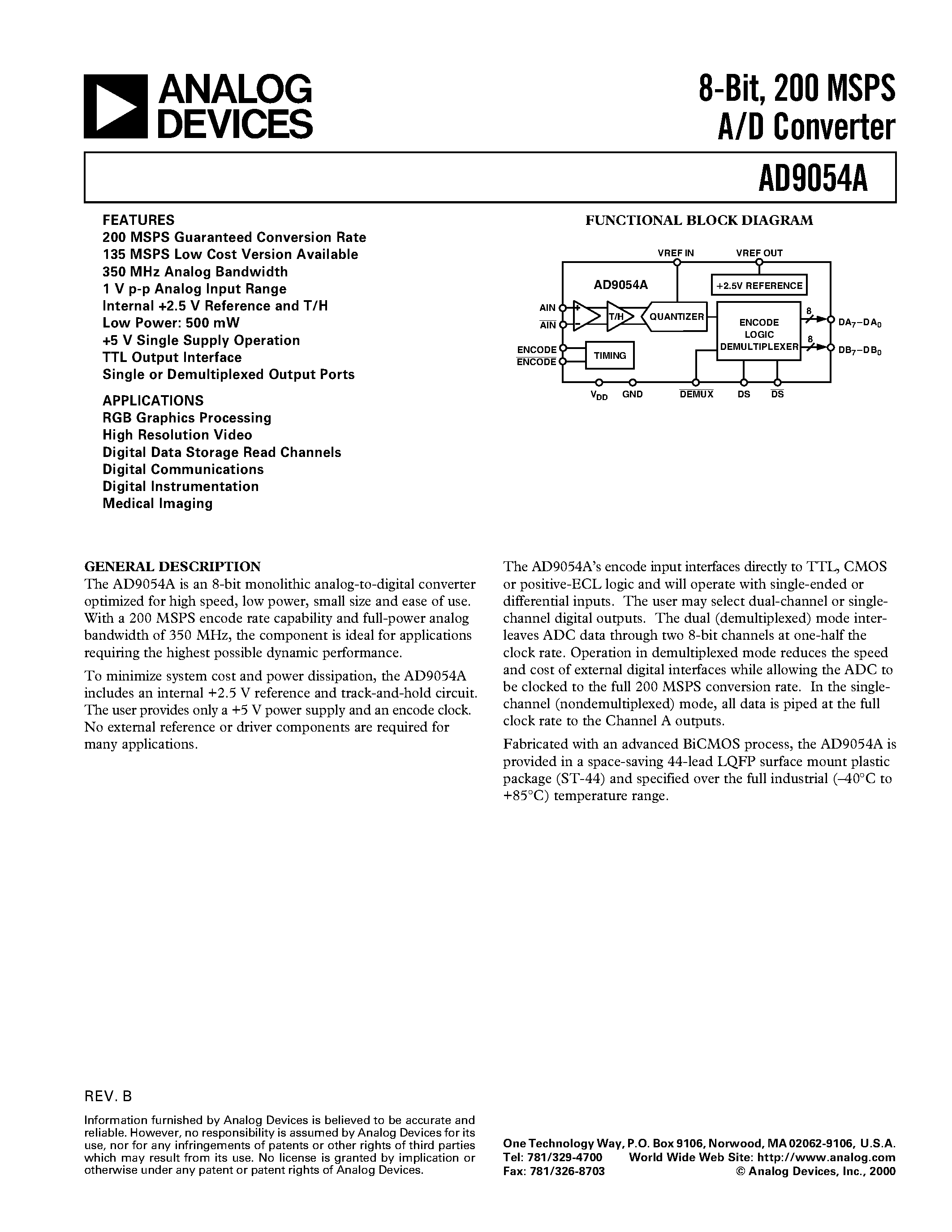 Datasheet AD9054ABST-135 page 1 Datasheet AD9054ABST-135 - 8-Bit/ 200 MSPS A/D Converter page 1