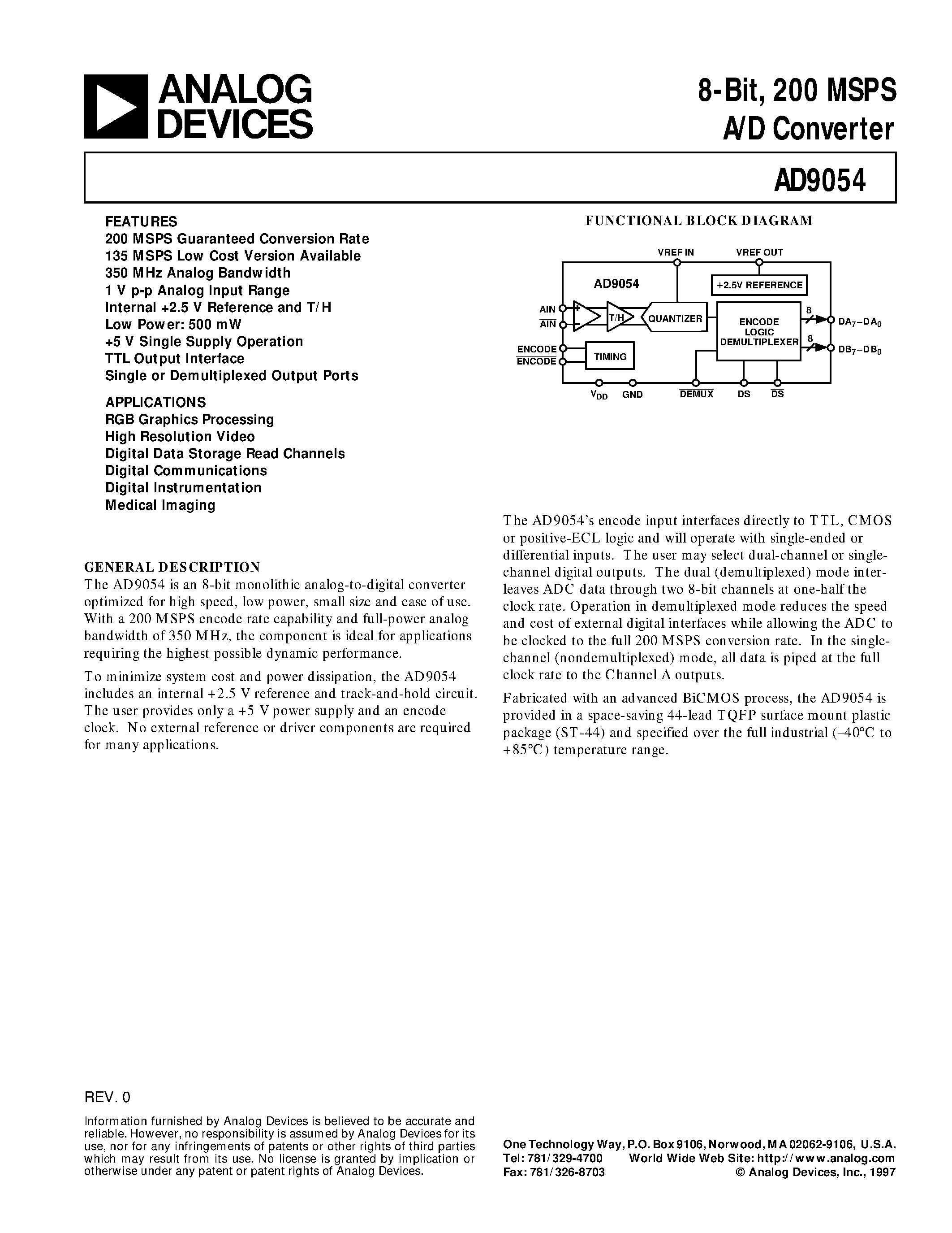 Datasheet AD9054BST-135 page 1 Datasheet AD9054BST-135 - 8-Bit/ 200 MSPS A/D Converter page 1