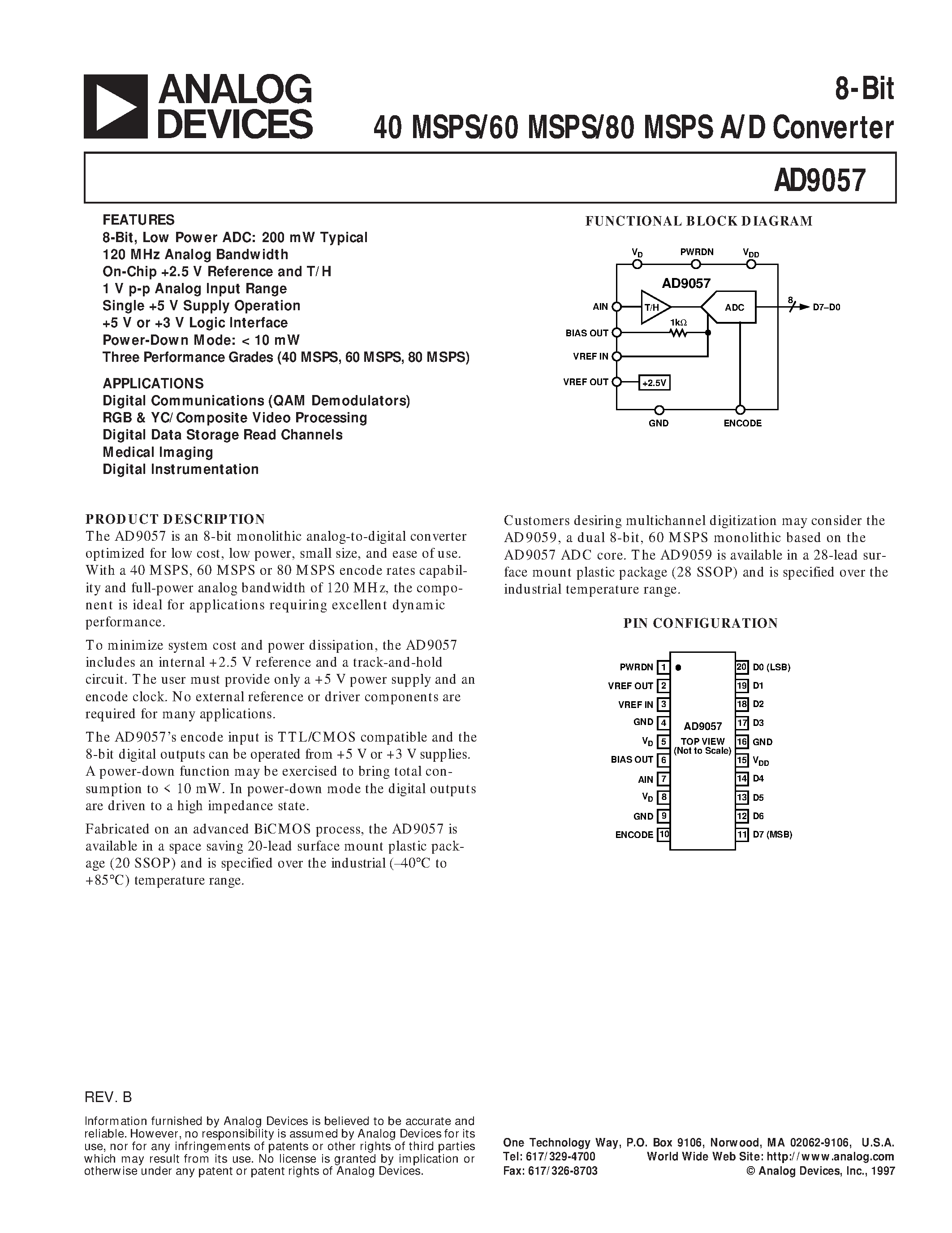 Datasheet AD9057 page 1 Datasheet AD9057 - 8-Bit 40 MSPS/60 MSPS/80 MSPS A/D Converter page 1