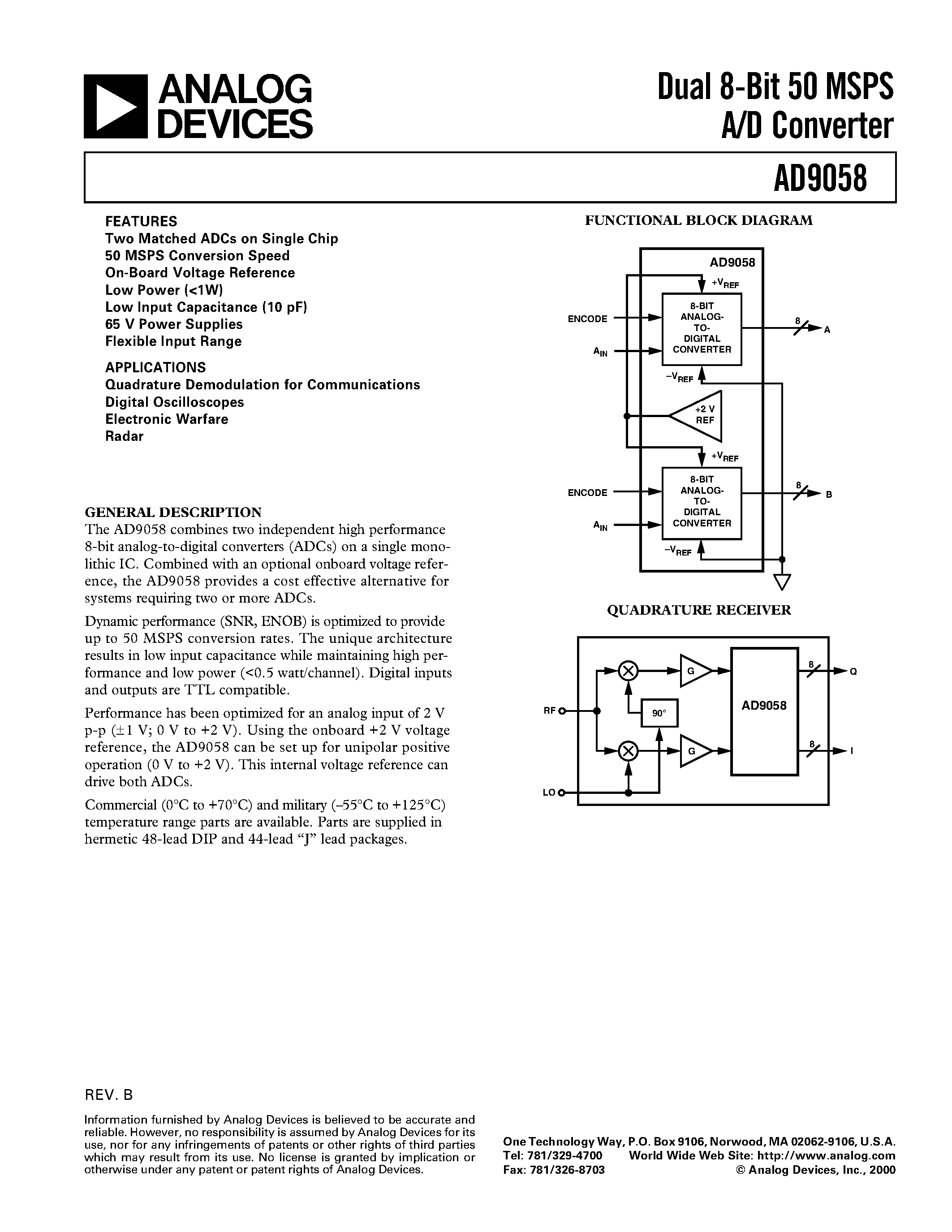 Datasheet AD9058JJ page 1 Datasheet AD9058JJ - Dual 8-Bit 50 MSPS A/D Converter page 1
