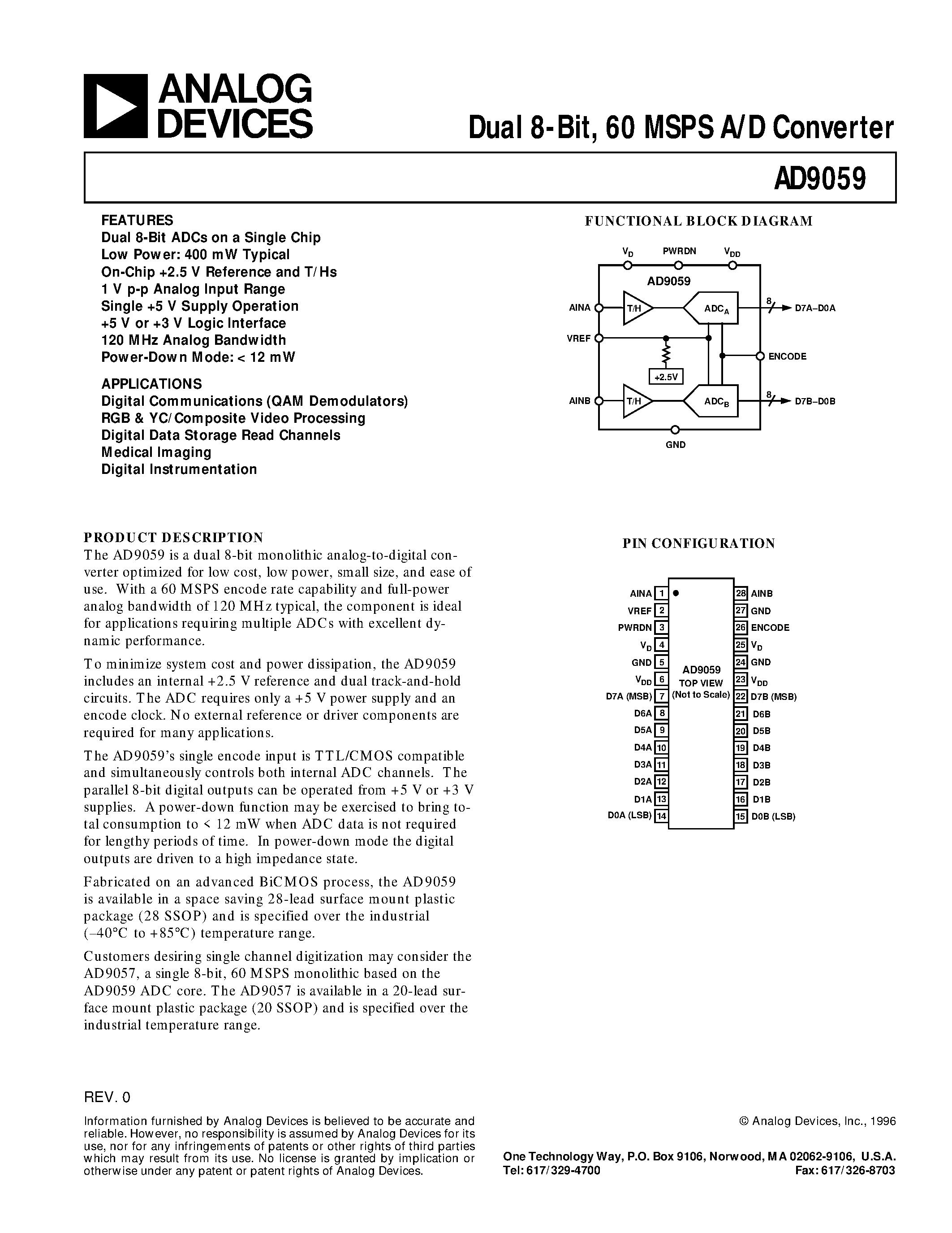 Datasheet AD9059PCB - Dual 8-Bit/ 60 MSPS A/D Converter page 1