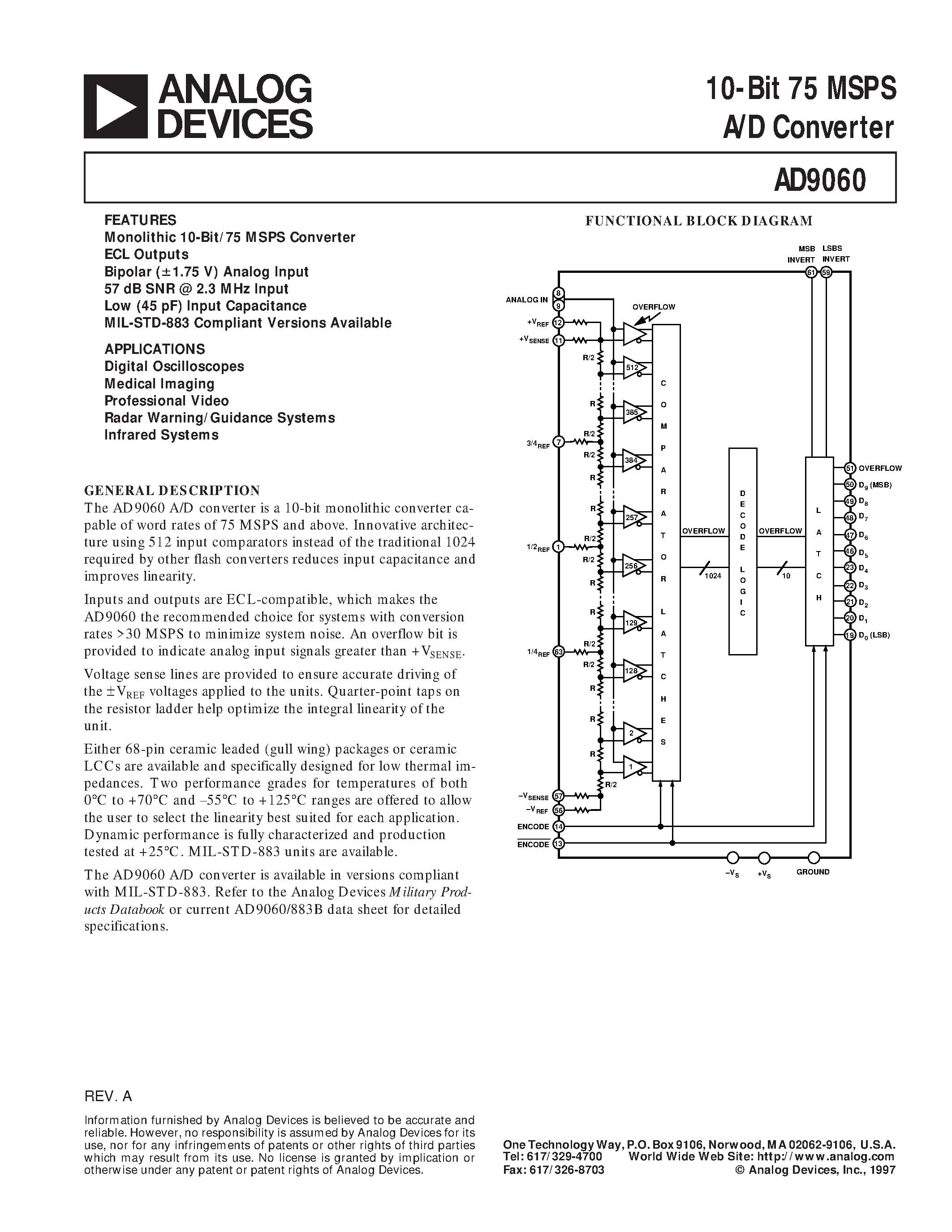 Datasheet AD9060 - 10-Bit 75 MSPS A/D Converter page 1