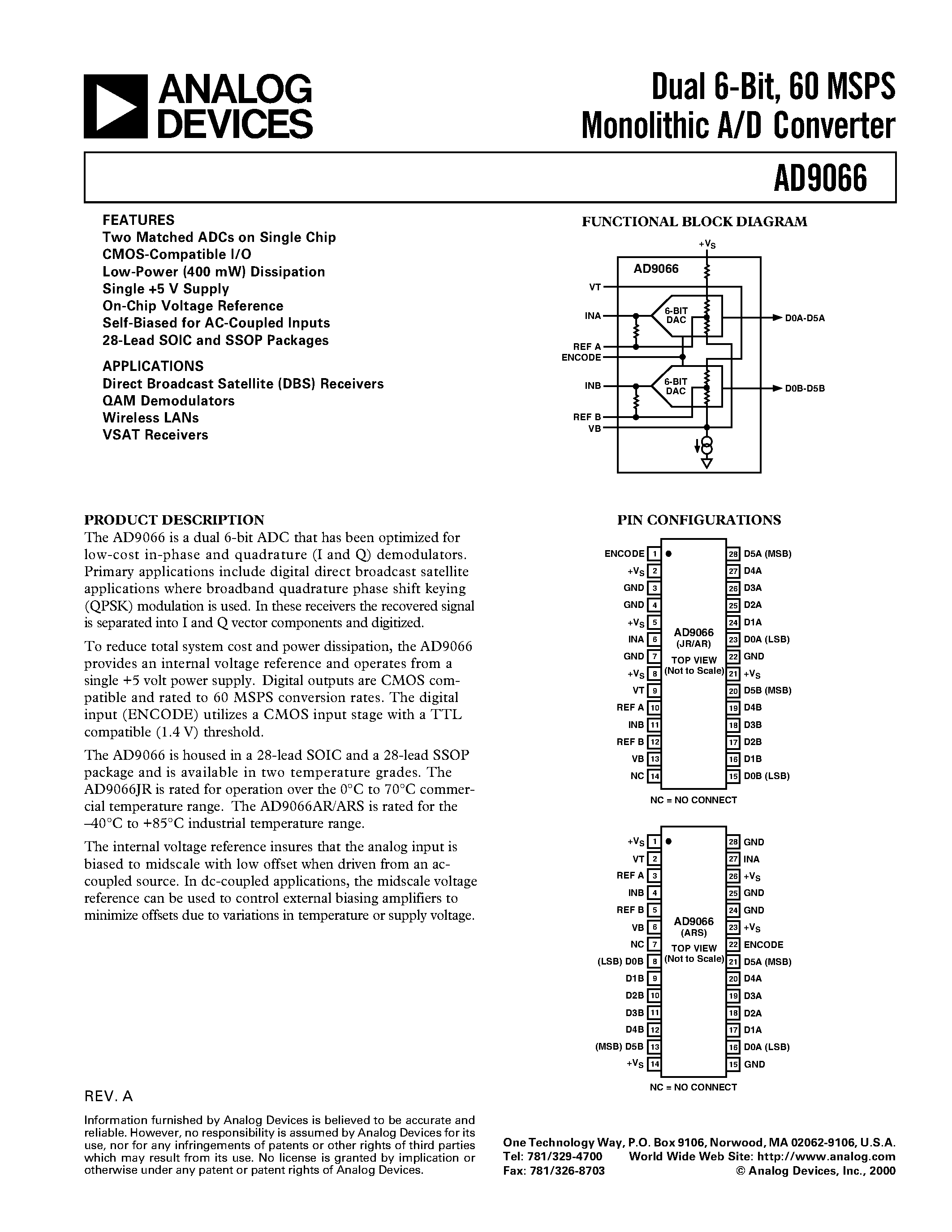 Datasheet AD9066AR - Dual 6-Bit/ 60 MSPS Monolithic A/D Converter page 1