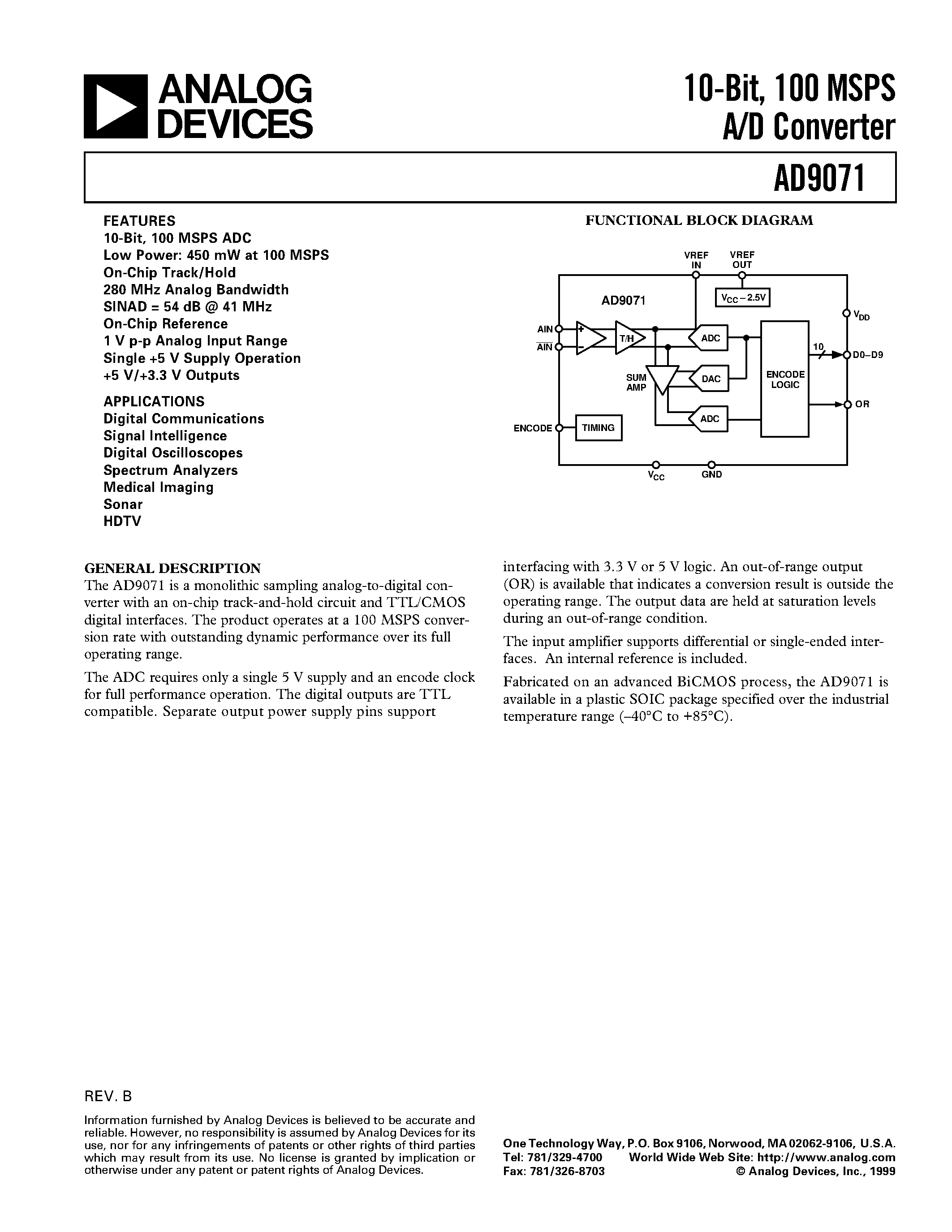 Datasheet AD9071BR page 1 Datasheet AD9071BR - 10-Bit/ 100 MSPS A/D Converter page 1