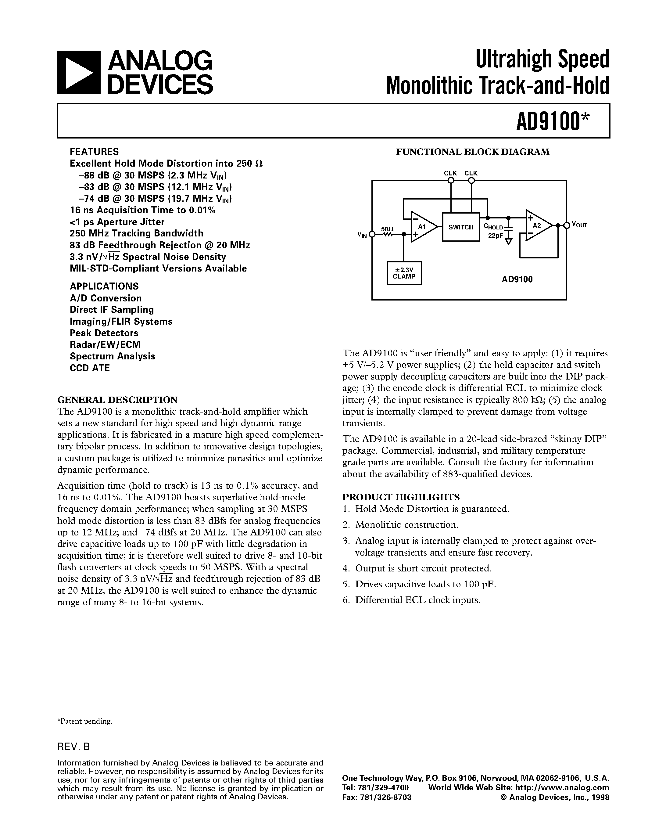 Datasheet AD9100 page 1 Datasheet AD9100 - Ultrahigh Speed Monolithic Track-and-Hold page 1