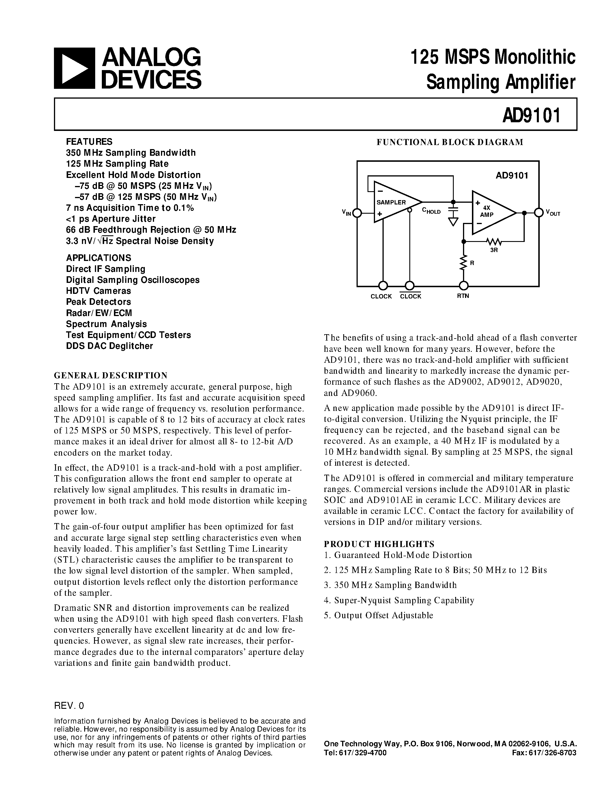 Datasheet AD9101AR page 1 Datasheet AD9101AR - 125 MSPS Monolithic Sampling Amplifier page 1