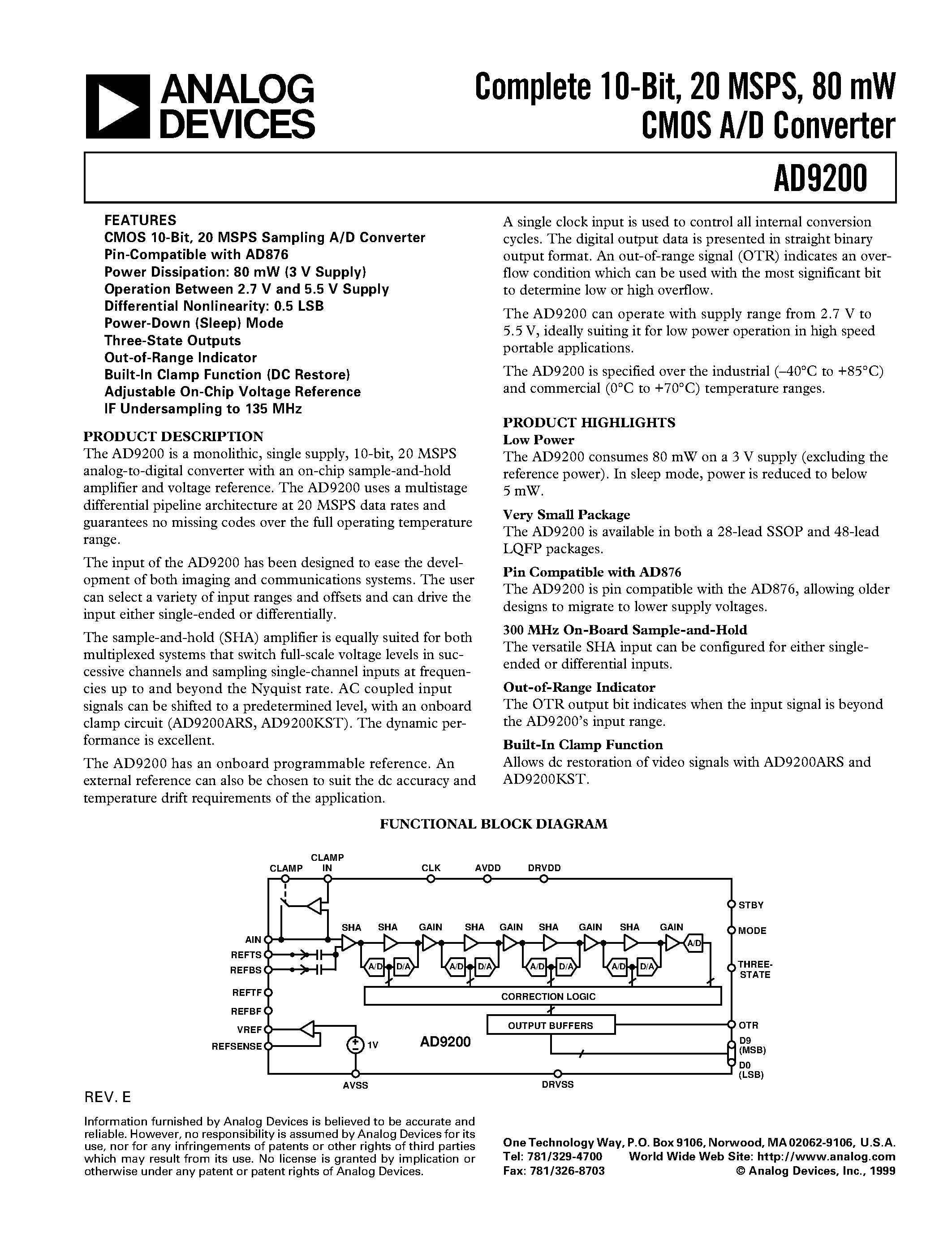 Datasheet AD9200ARSRL - Complete 10-Bit/ 20 MSPS/ 80 mW CMOS A/D Converter page 1