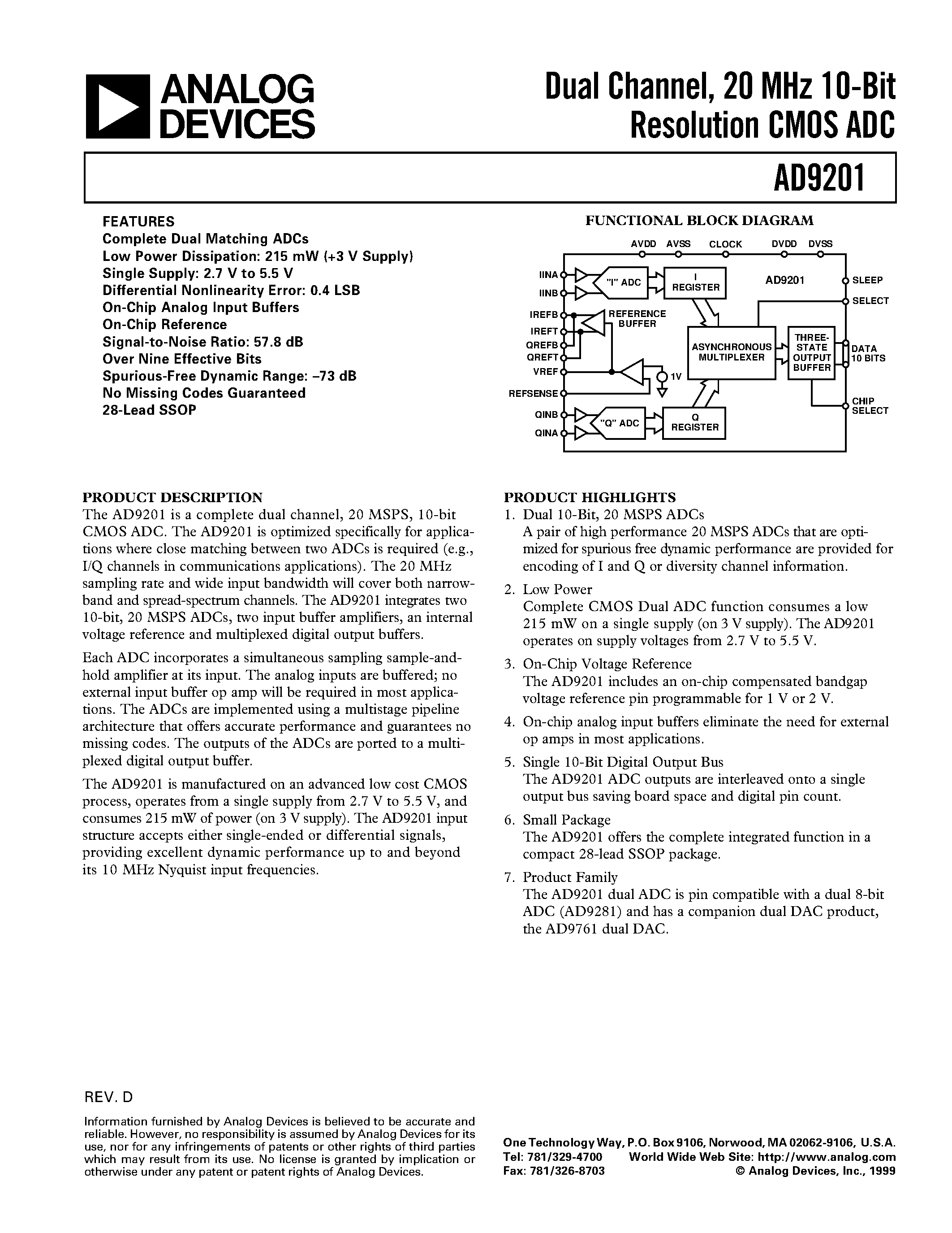 Datasheet AD9201-EVAL - Dual Channel/ 20 MHz 10-Bit Resolution CMOS ADC page 1