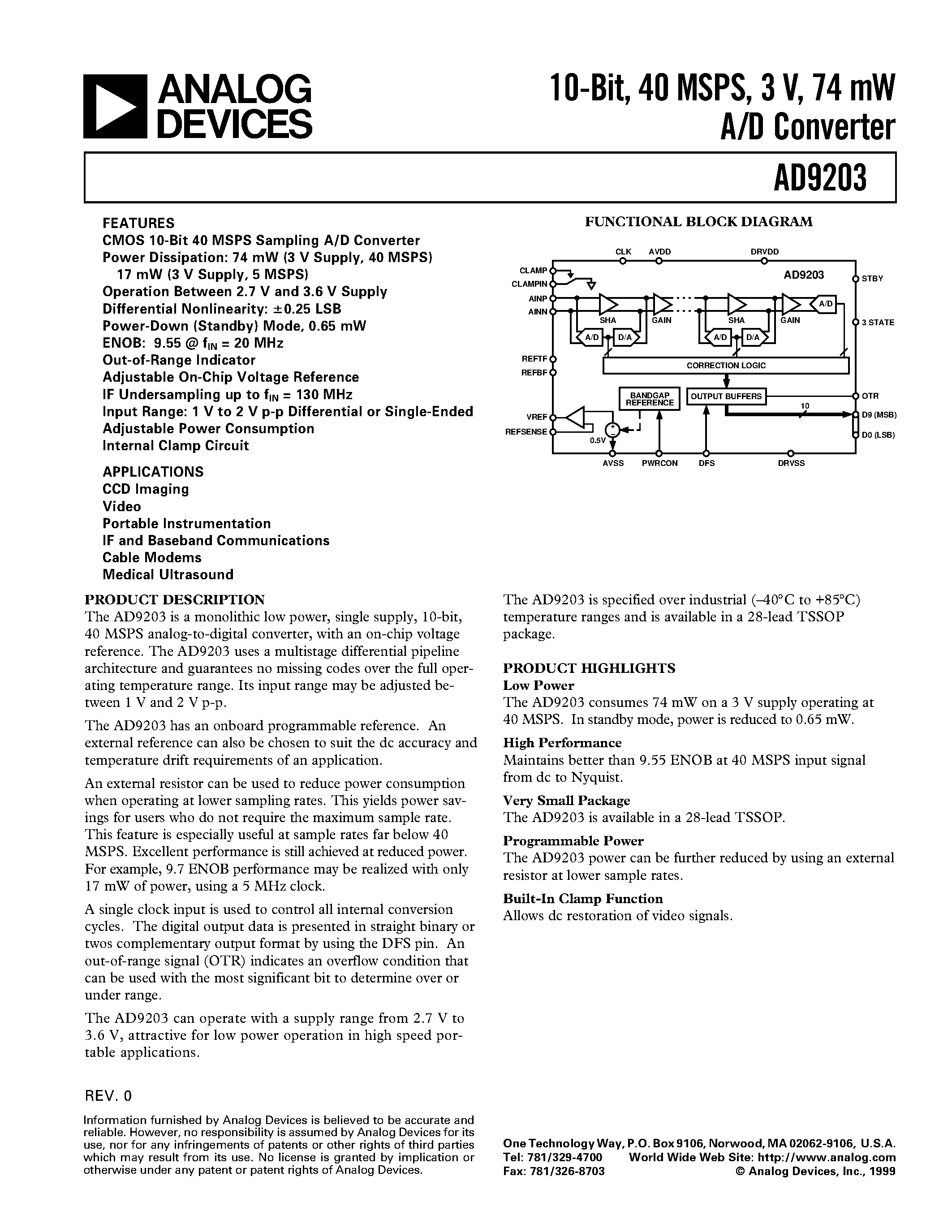 Datasheet AD9203-EB - 10-Bit/ 40 MSPS/ 3 V/ 74 mW A/D Converter page 1