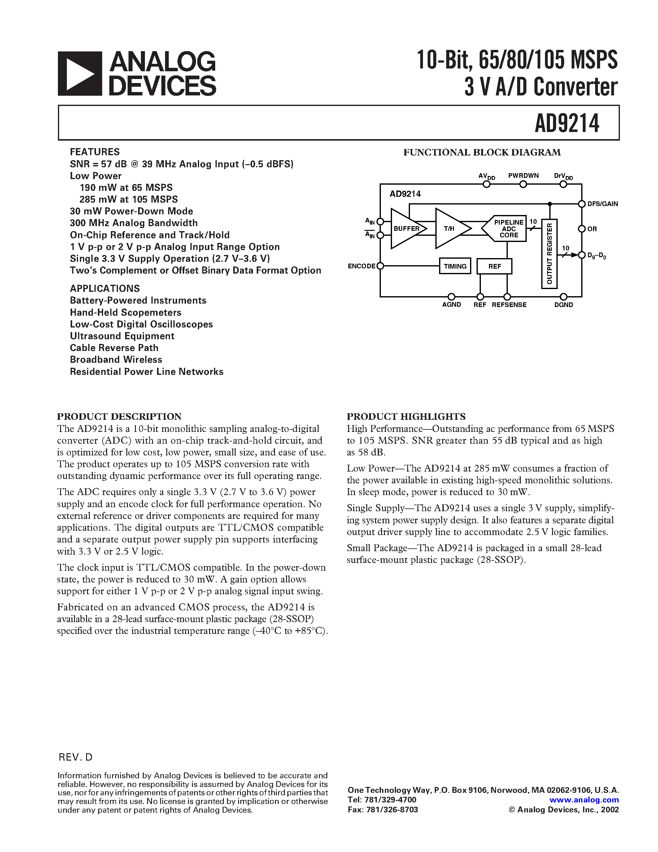 Datasheet AD9214-65PCB - 10-Bit/ 65/80/105 MSPS 3 V A/D Converter page 1