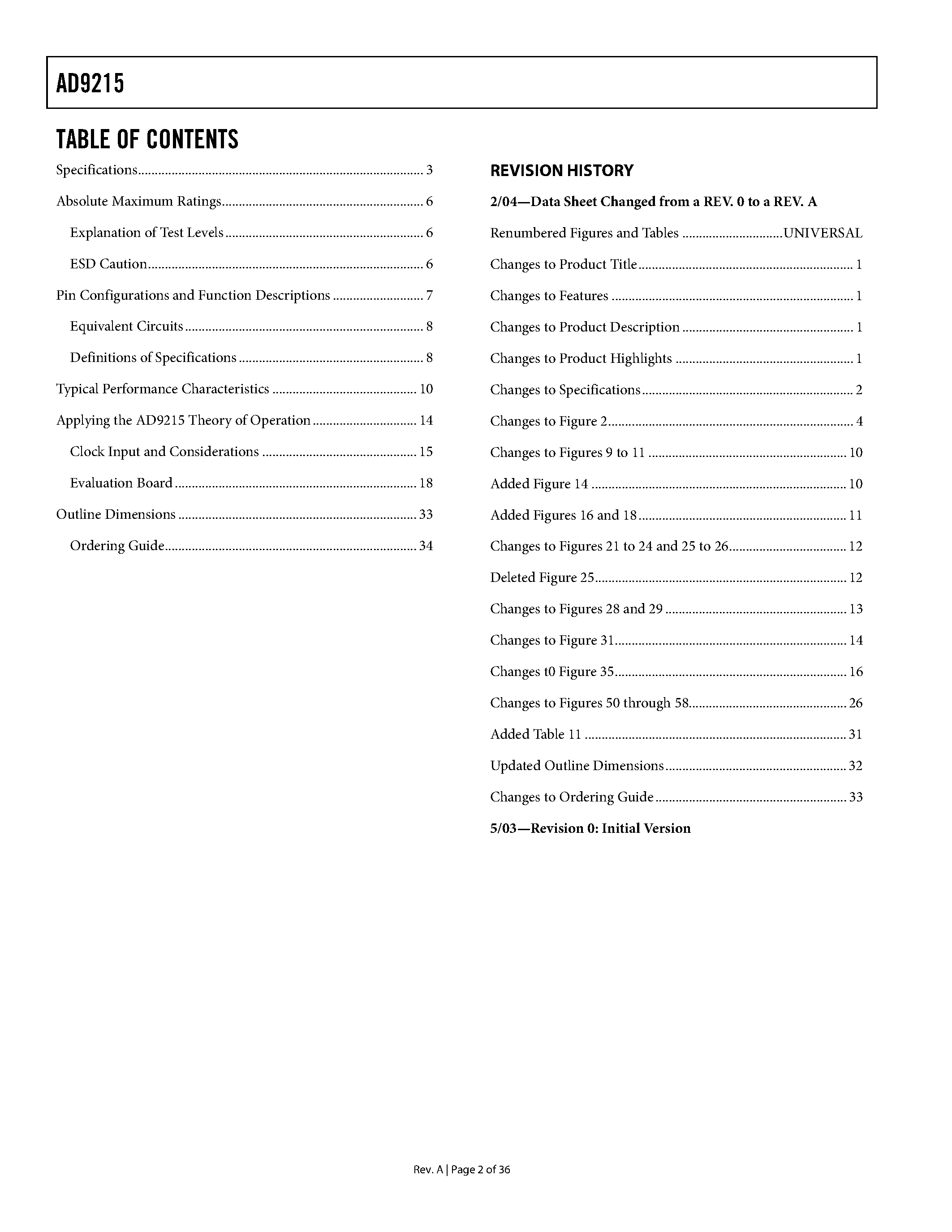 Datasheet AD9215BRU-105EB - 10-Bit/ 65/80/105 MSPS/ 3V A/D Converter page 2