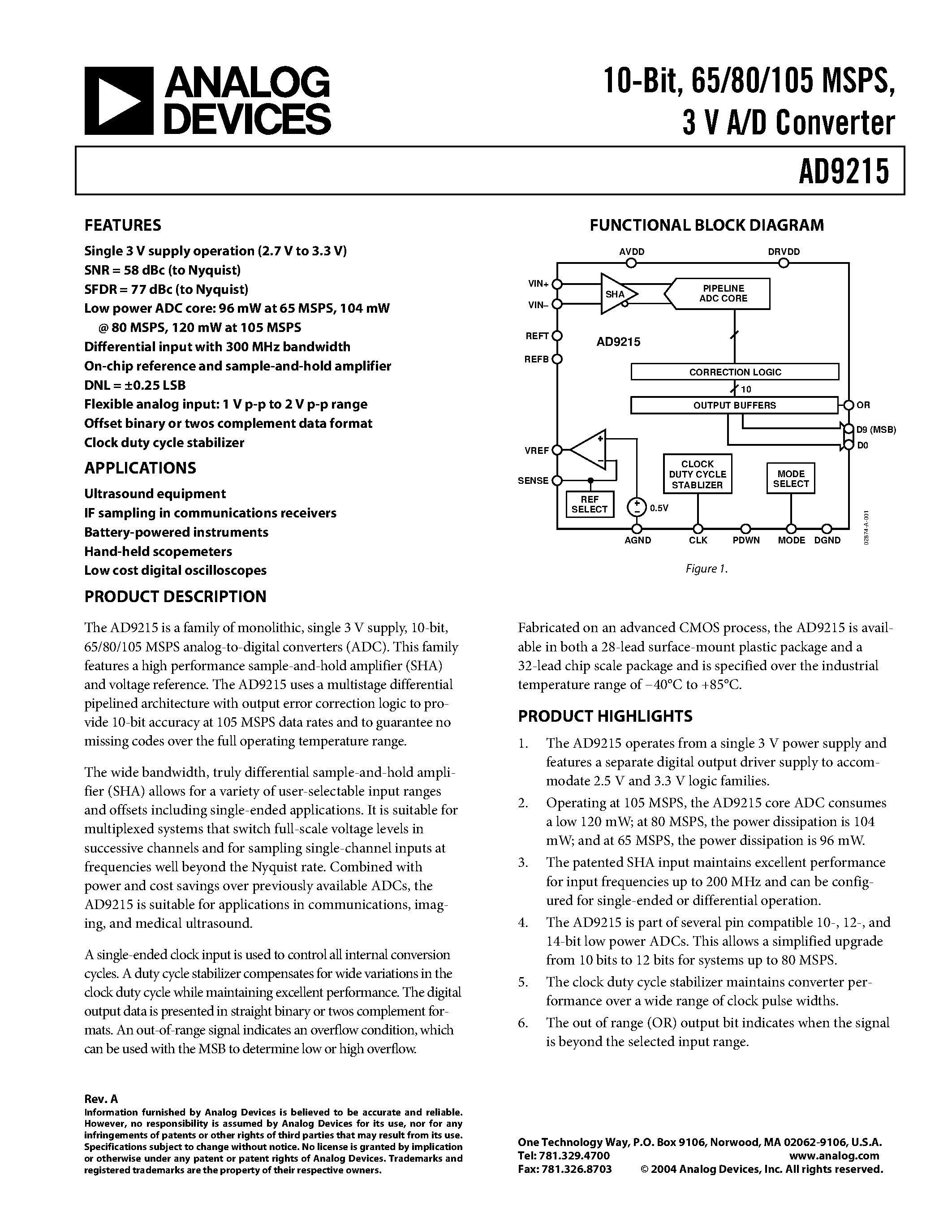 Datasheet AD9215BRURL7-80 - 10-Bit/ 65/80/105 MSPS/ 3V A/D Converter page 1