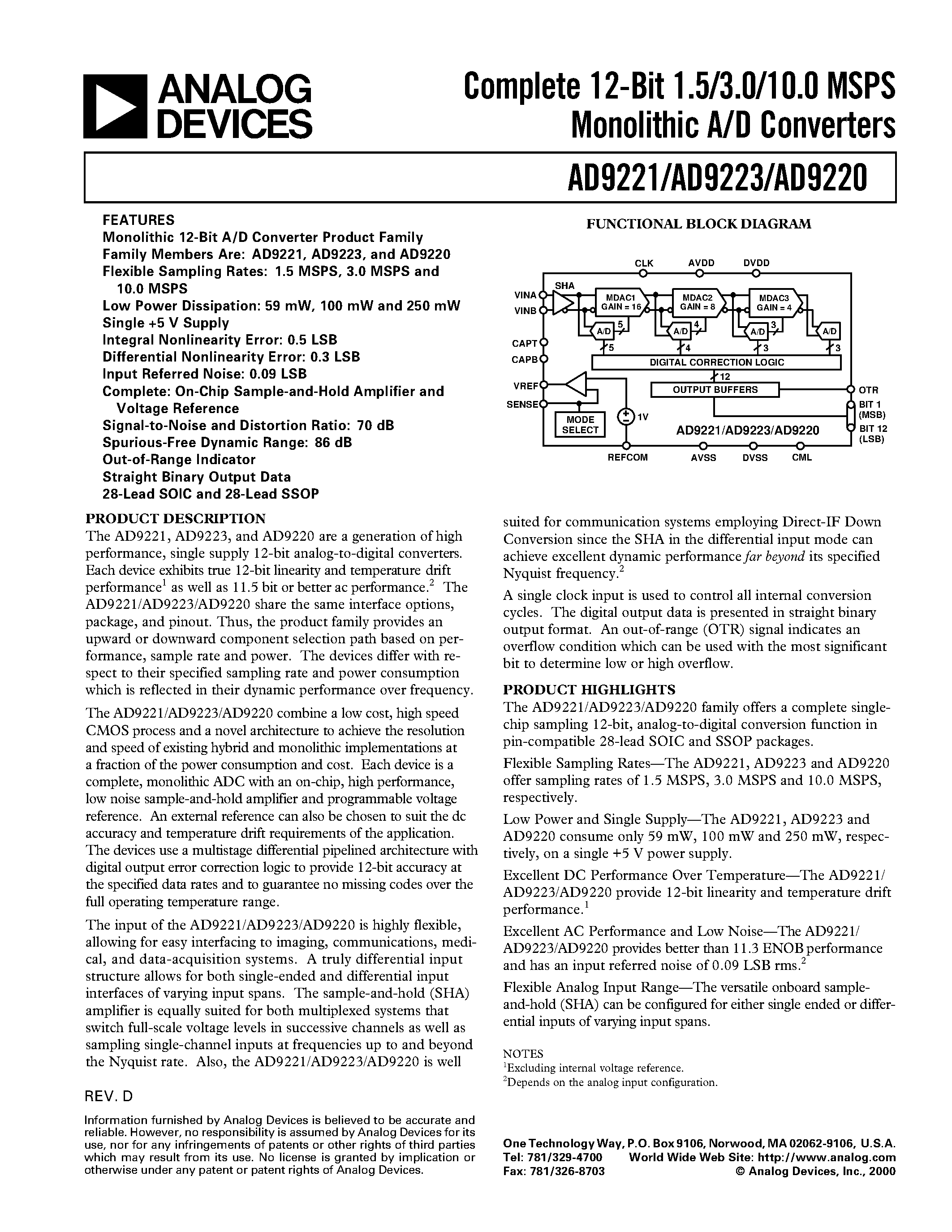 Datasheet AD9221ARS - Complete 12-Bit 1.5/3.0/10.0 MSPS Monolithic A/D Converters page 1
