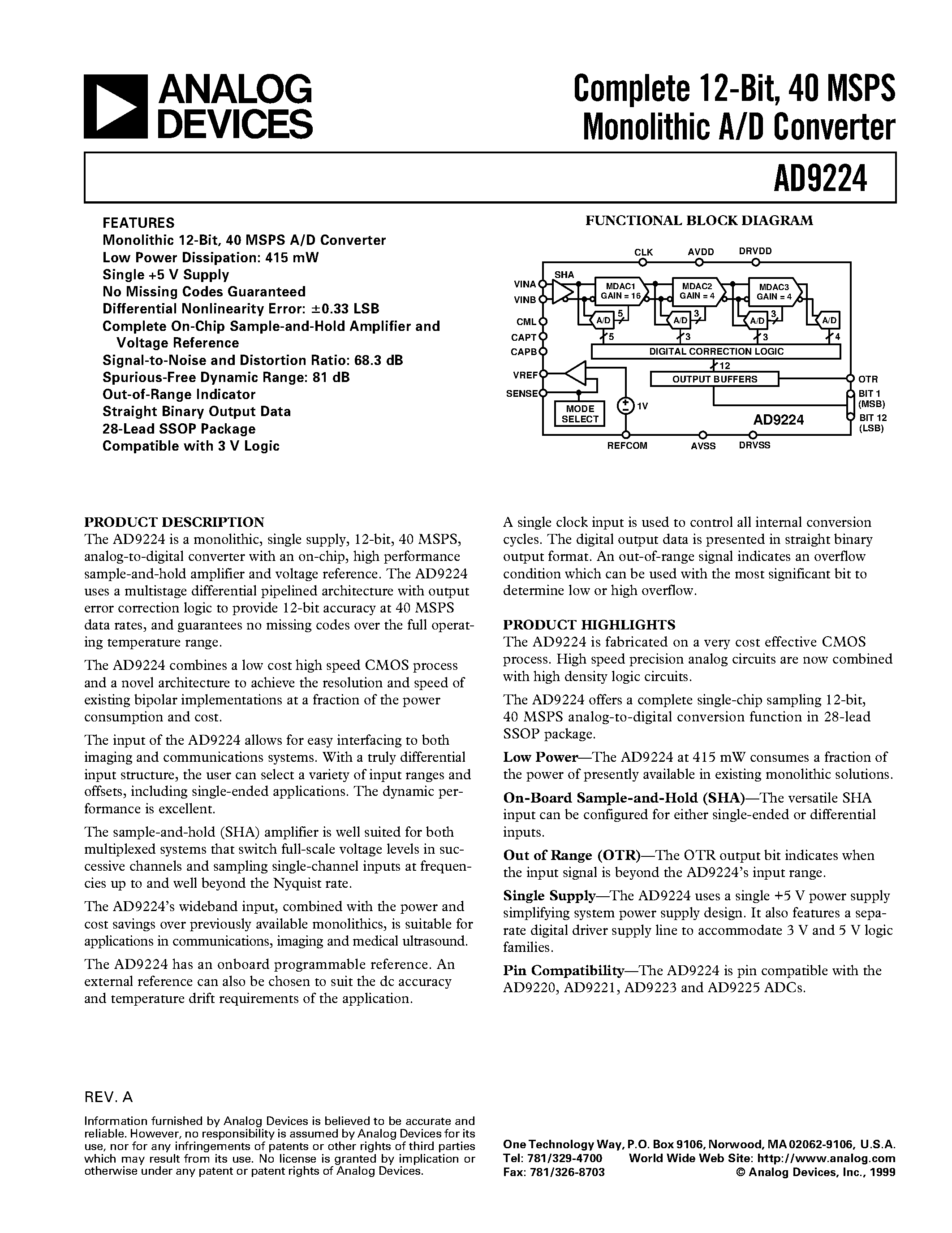 Datasheet AD9224ARS - Complete 12-Bit 40 MSPS Monolithic A/D Converter page 1