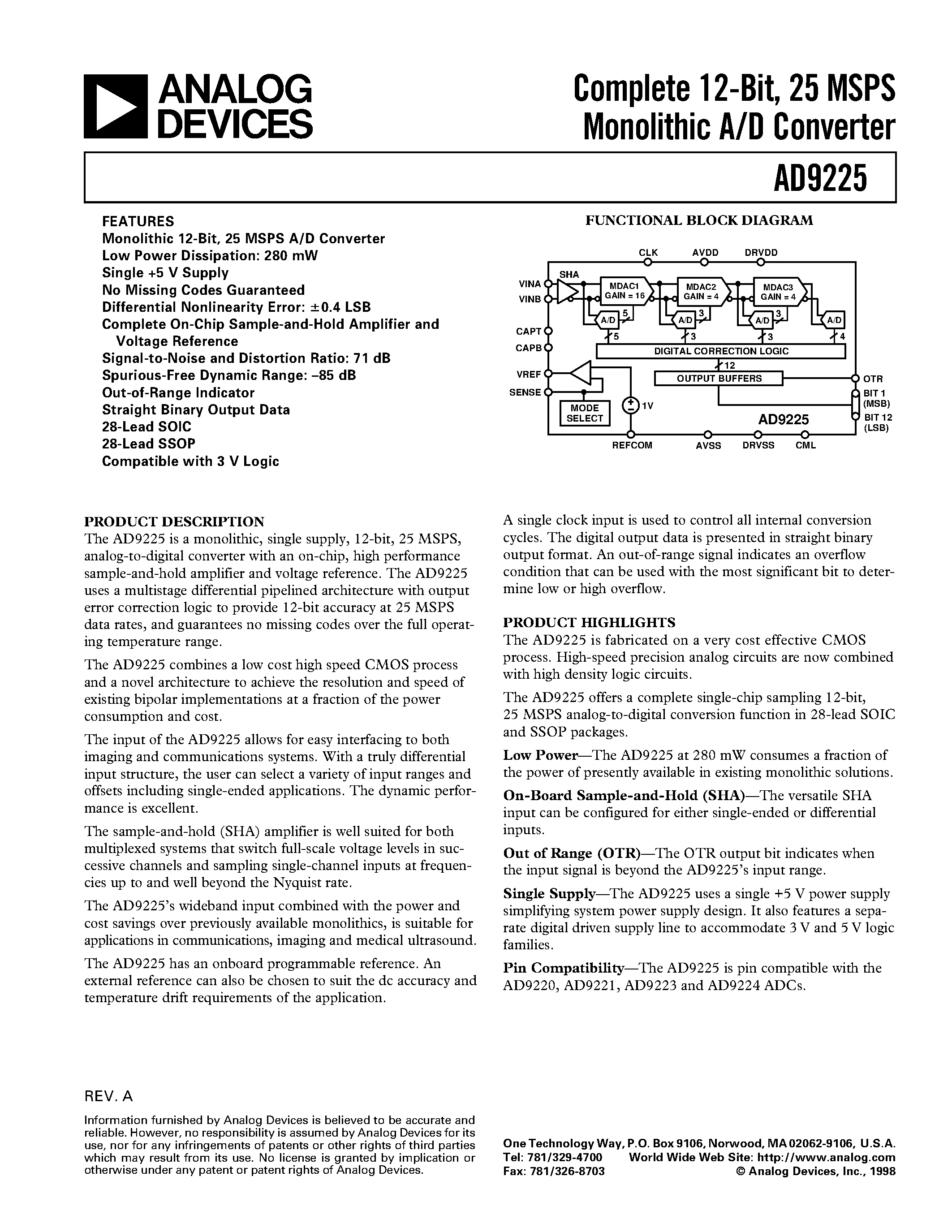 Datasheet AD9225ARS - Complete 12-Bit/ 25 MSPS Monolithic A/D Converter page 1