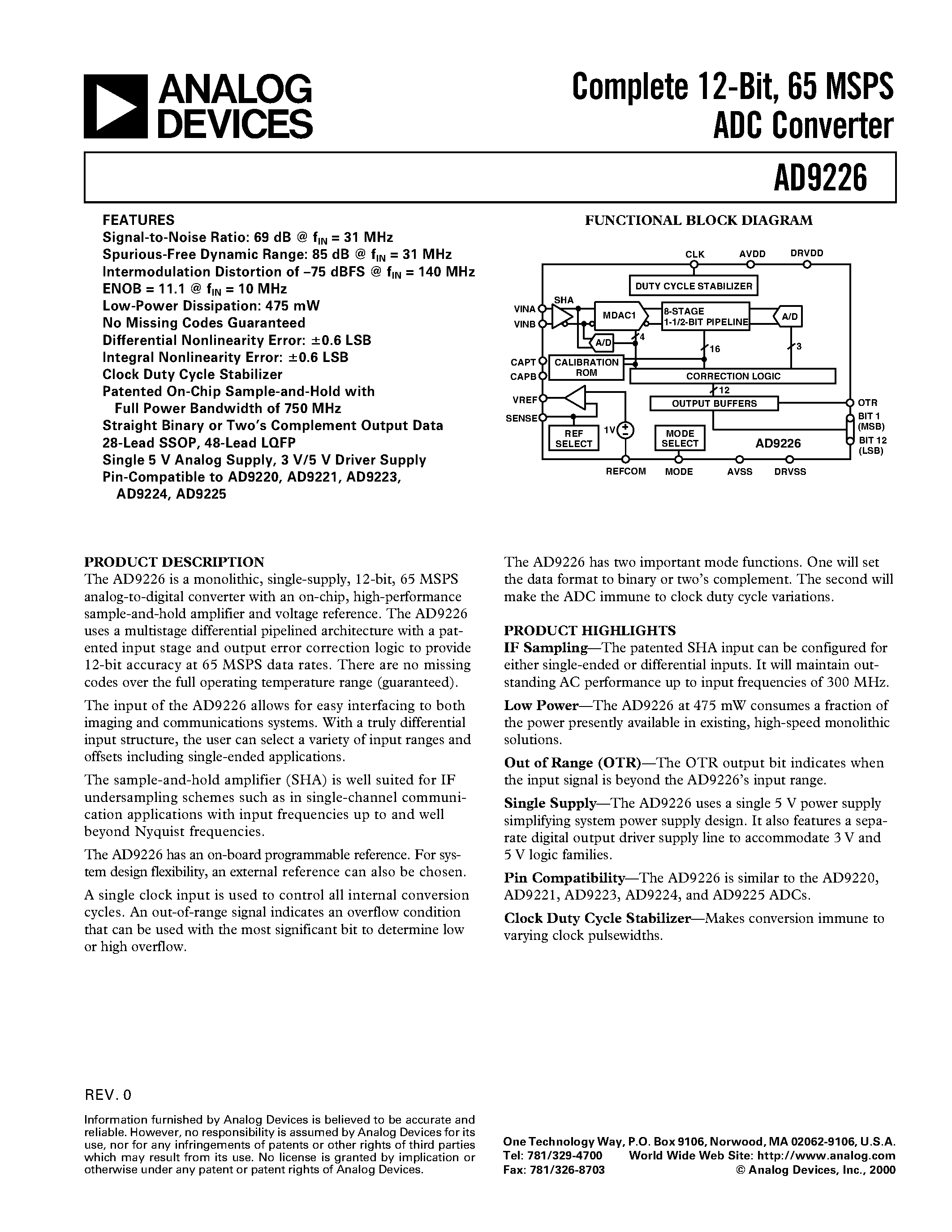 Datasheet AD9226 - Complete 12-Bit/ 65 MSPS ADC Converter page 1