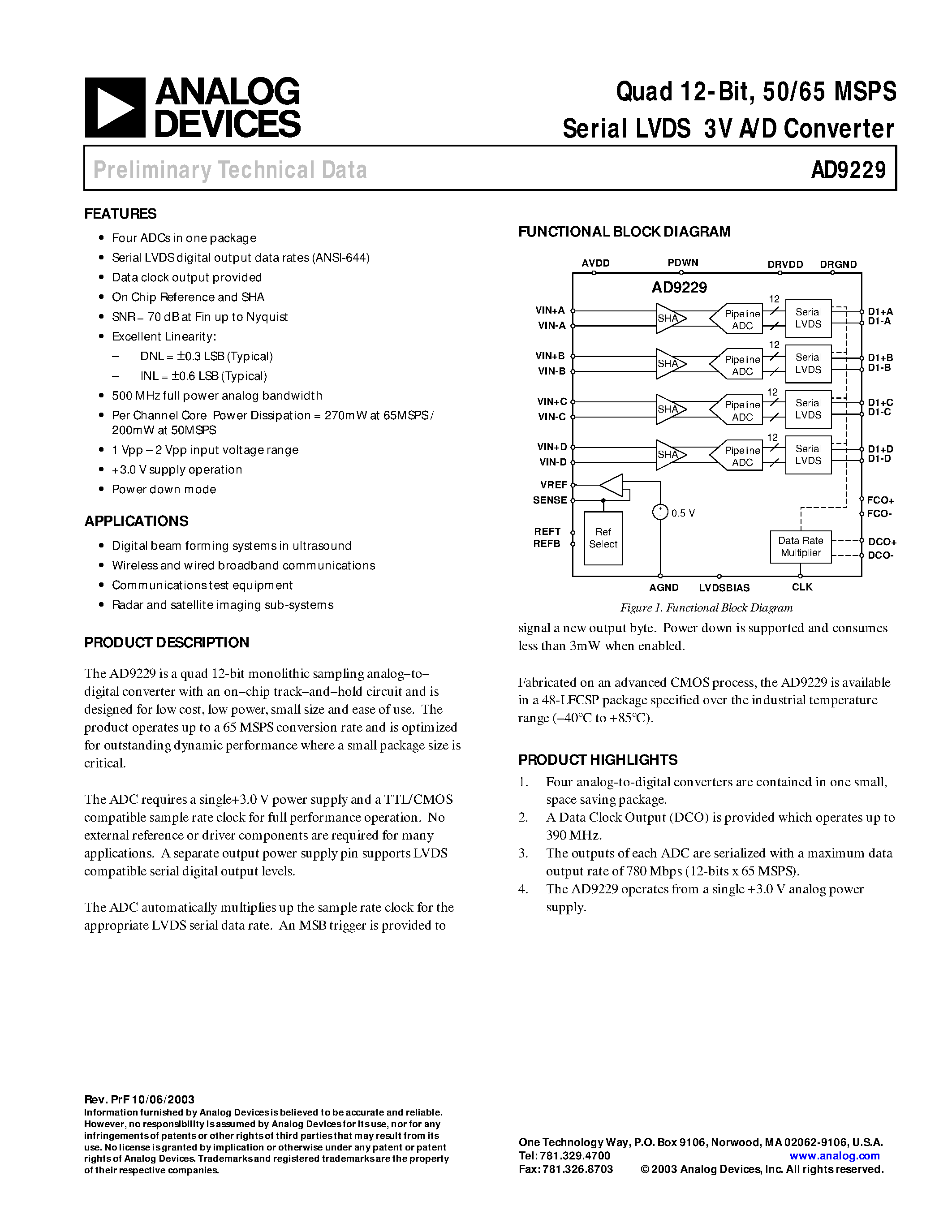 Datasheet AD9229BCP-65 - Quad 12-Bit/ 50/65 MSPS Serial LVDS 3V A/D Converter page 1
