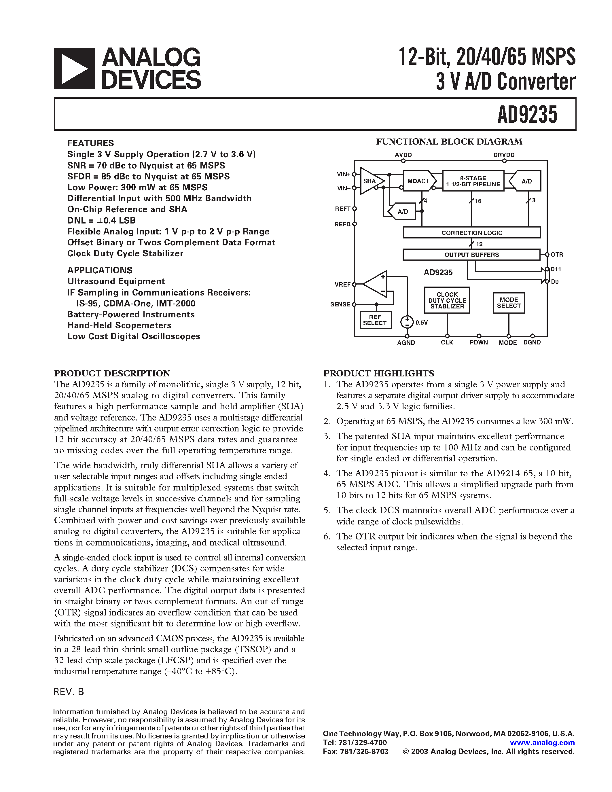 Datasheet AD9235BRU-20 - 12-Bit/ 20/40/65 MSPS 3 V A/D Converter page 1