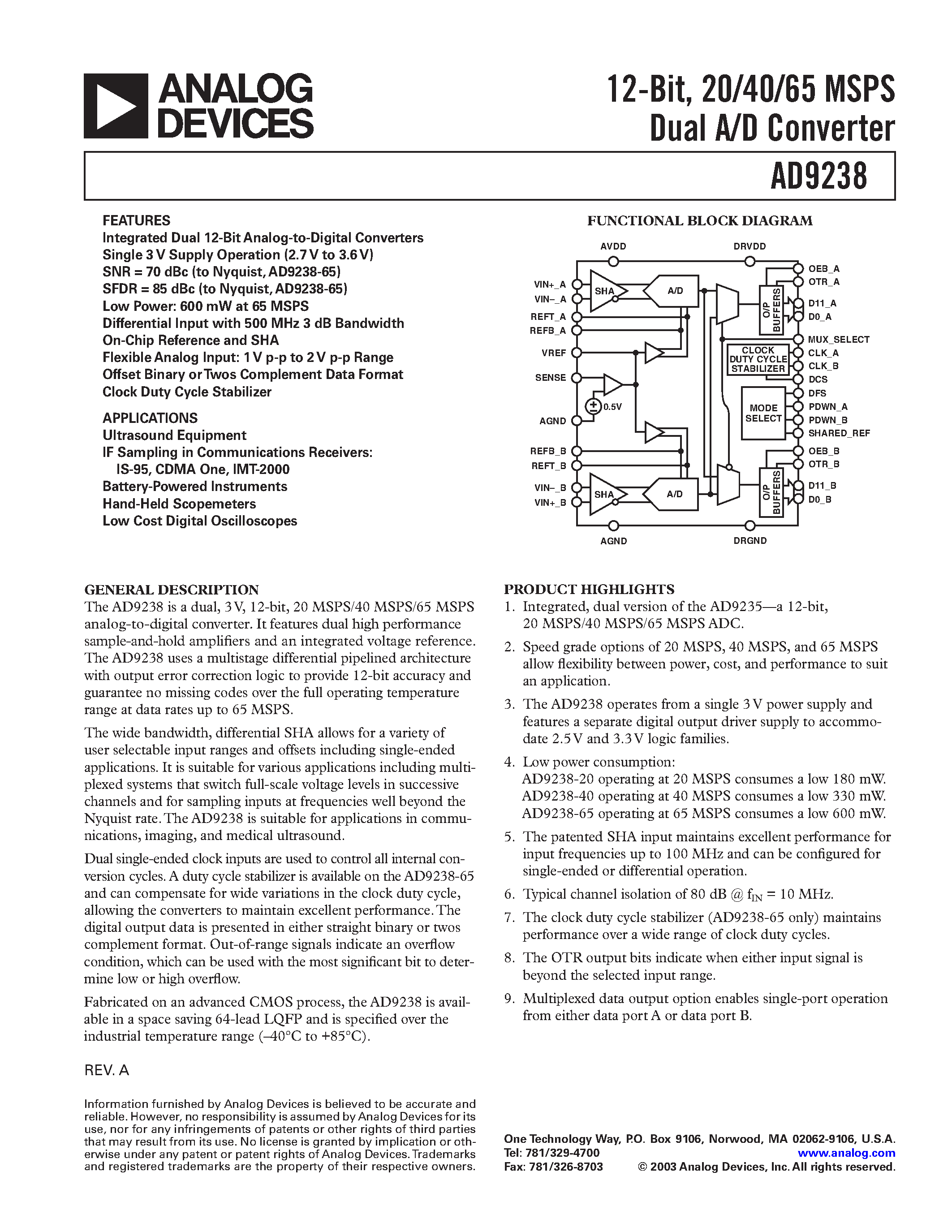 Datasheet AD9238BST-40 - 12-Bit/ 20/40/65 MSPS Dual A/D Converter page 1