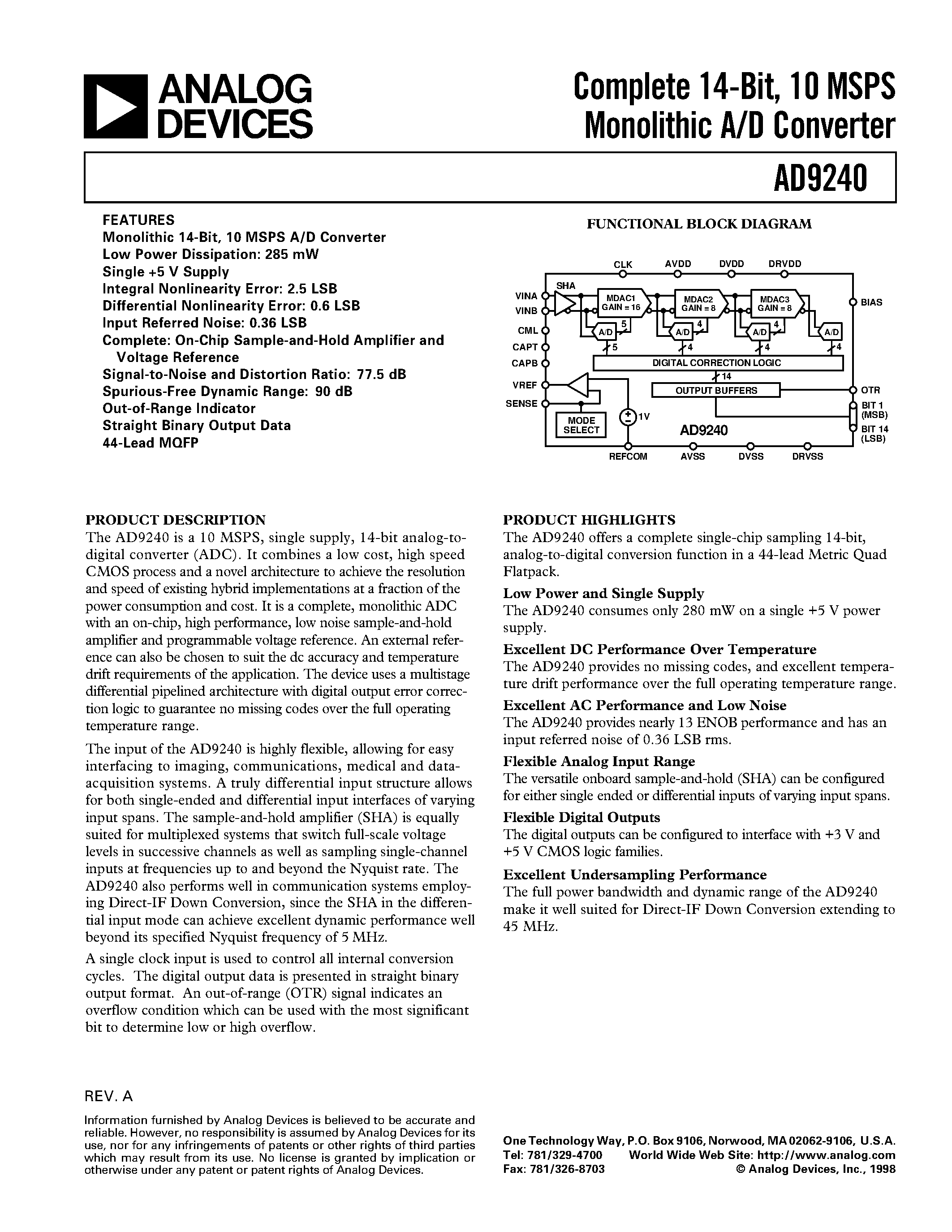 Datasheet AD9240EB - Complete 14-Bit/ 10 MSPS Monolithic A/D Converter page 1