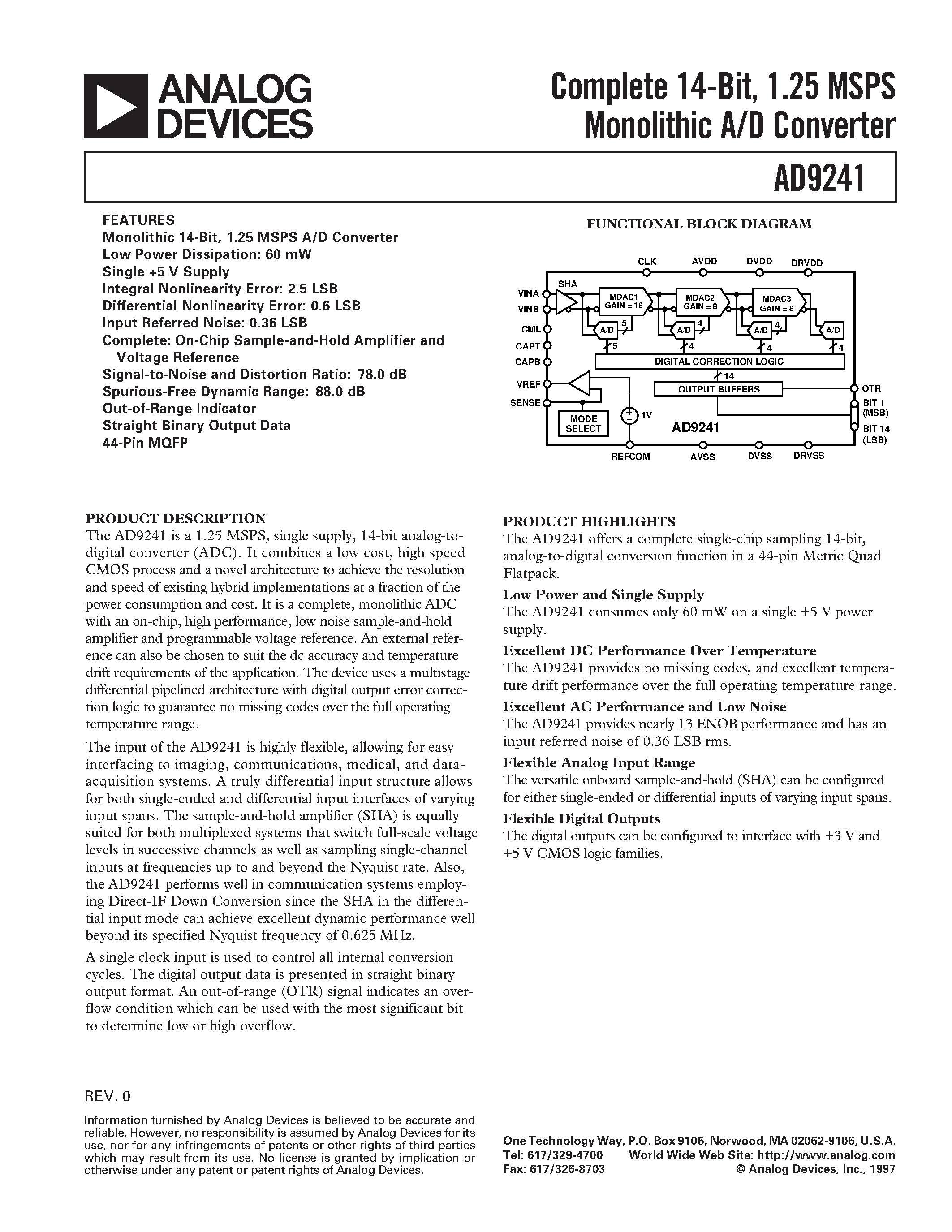Datasheet AD9241 - Complete 14-Bit/ 1.25 MSPS Monolithic A/D Converter page 1