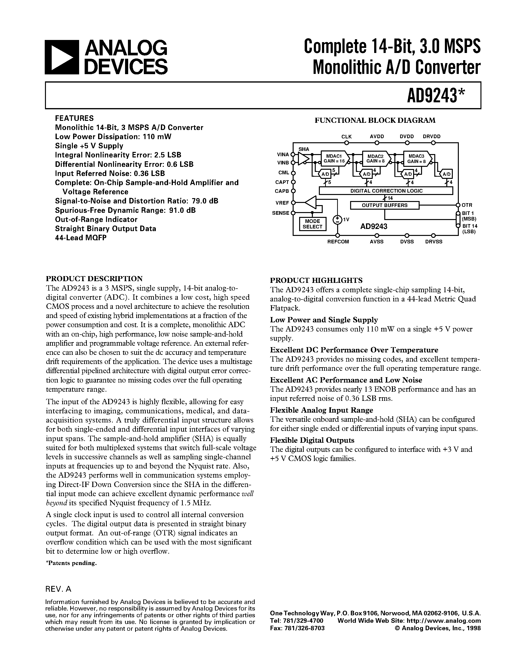 Datasheet AD9243AS - Complete 14-Bit/ 3.0 MSPS Monolithic A/D Converter page 1