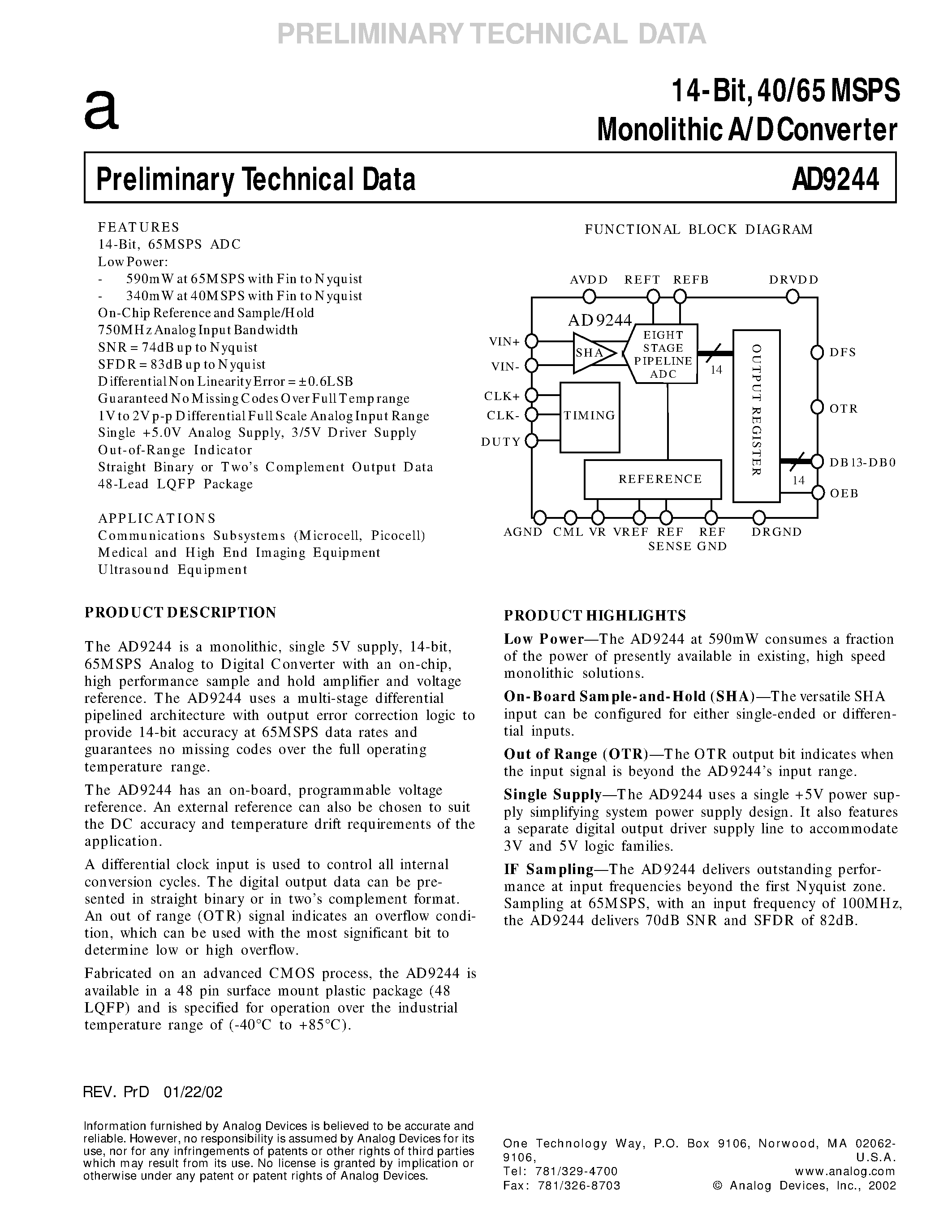 Datasheet AD9244BST-40 - 14-Bit/ 40/65 MSPS Monolithic A/D Converter page 1