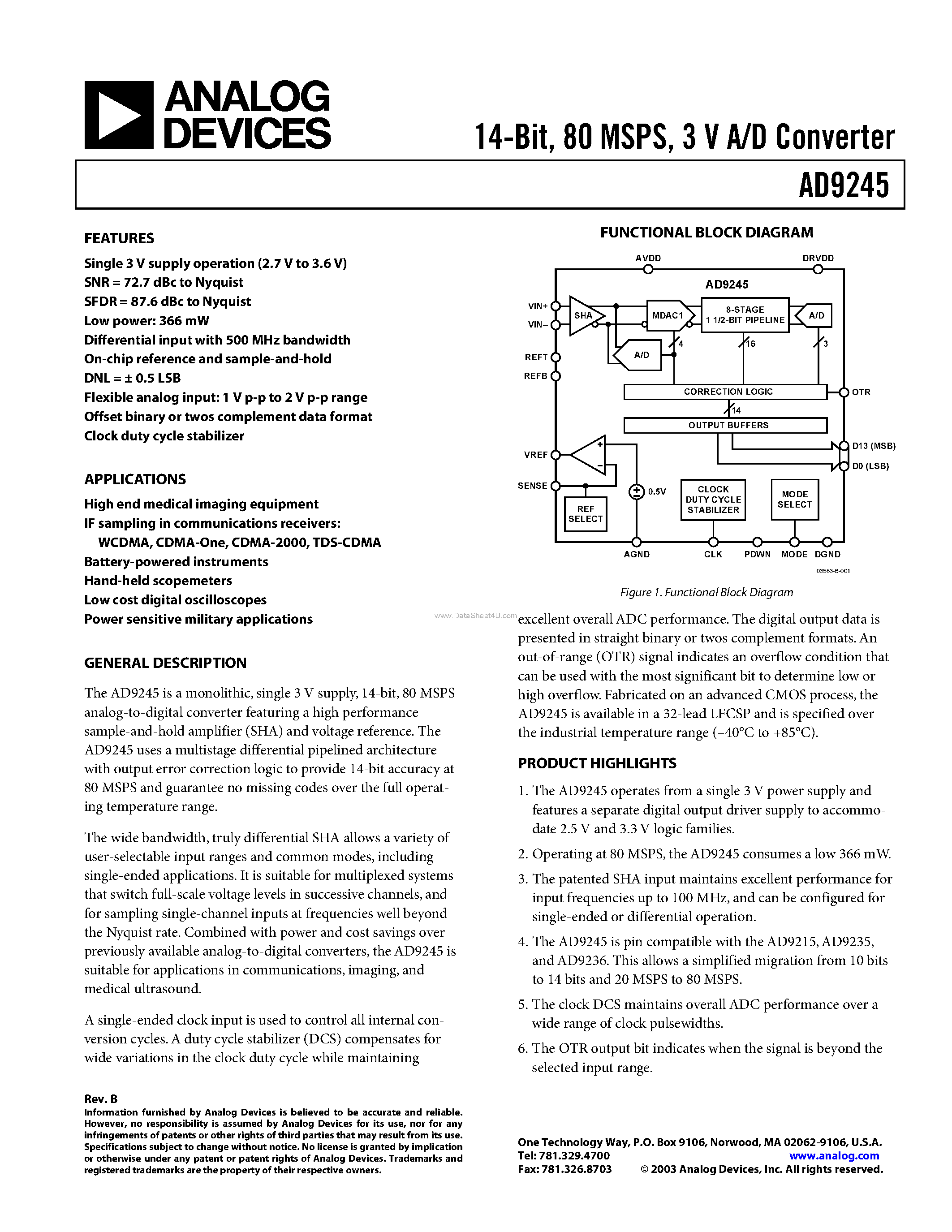 Datasheet AD9245BCPZRL7-80 - 14-Bit/ 80 MSPS/ 3 V A/D Converter page 1