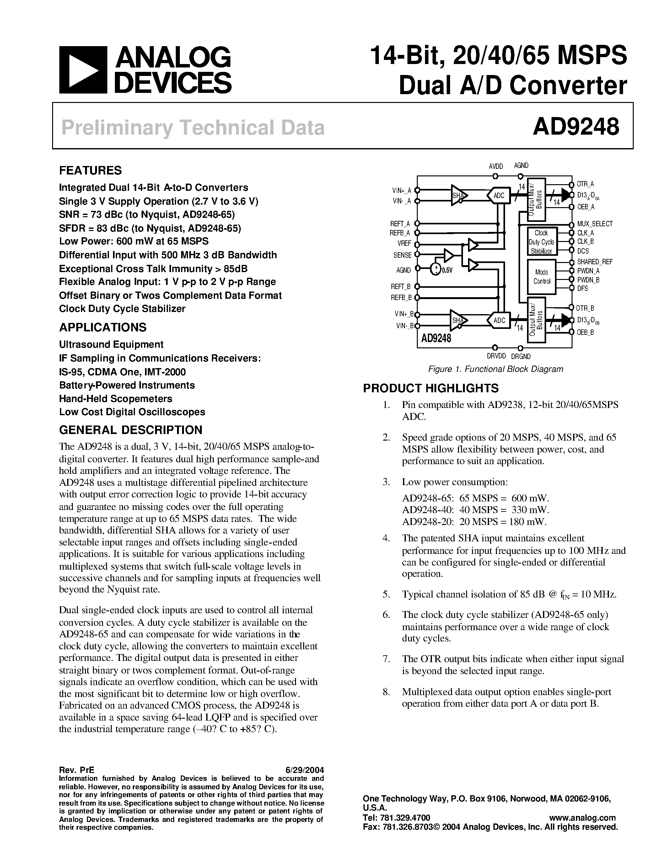 Datasheet AD9248BCPZRL7-40 - 14-Bit/ 20/40/65 MSPS Dual A/ D Converter page 1
