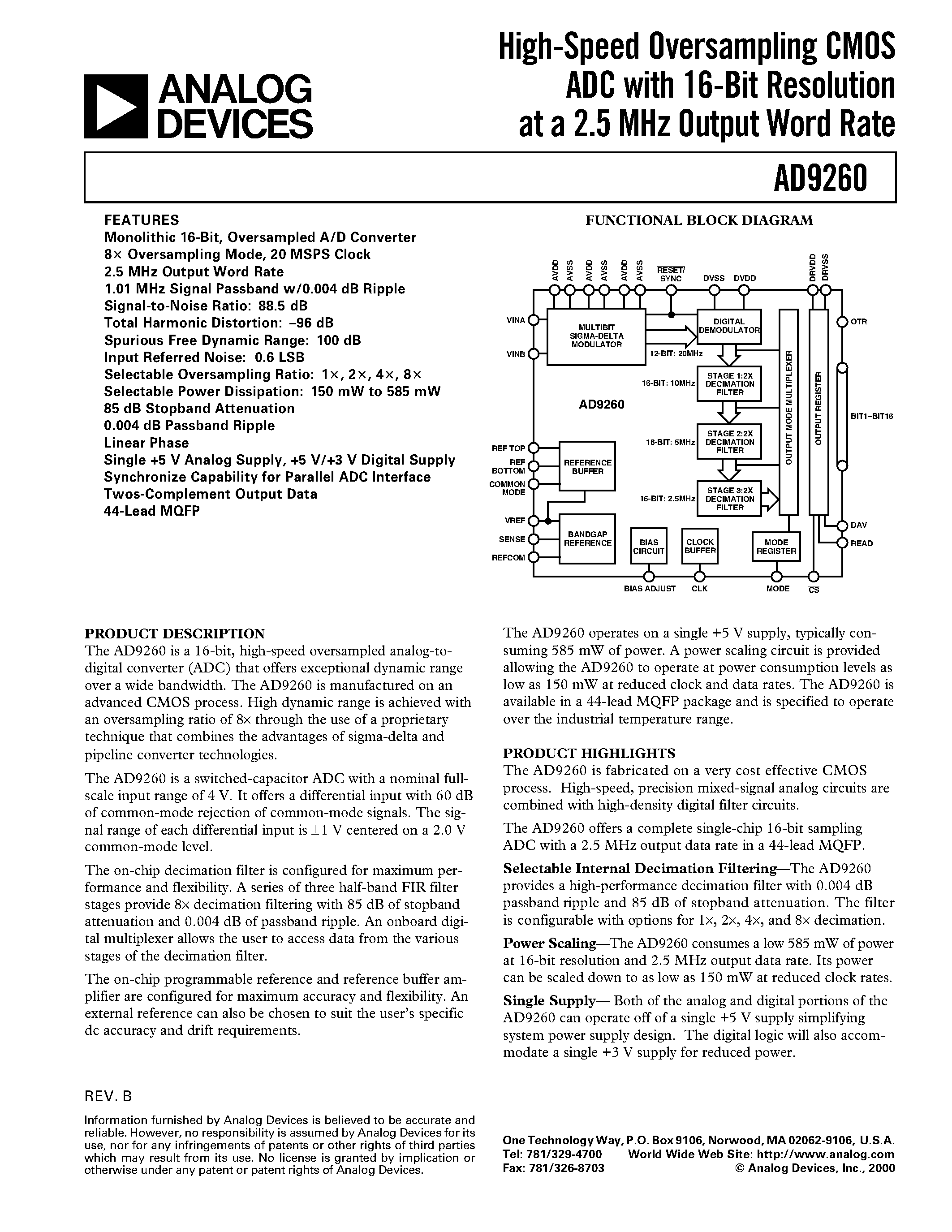 Datasheet AD9260 page 1 Datasheet AD9260 - High-Speed Oversampling CMOS ADC with 16-Bit Resolution at a 2.5 MHz Output Word Rate page 1