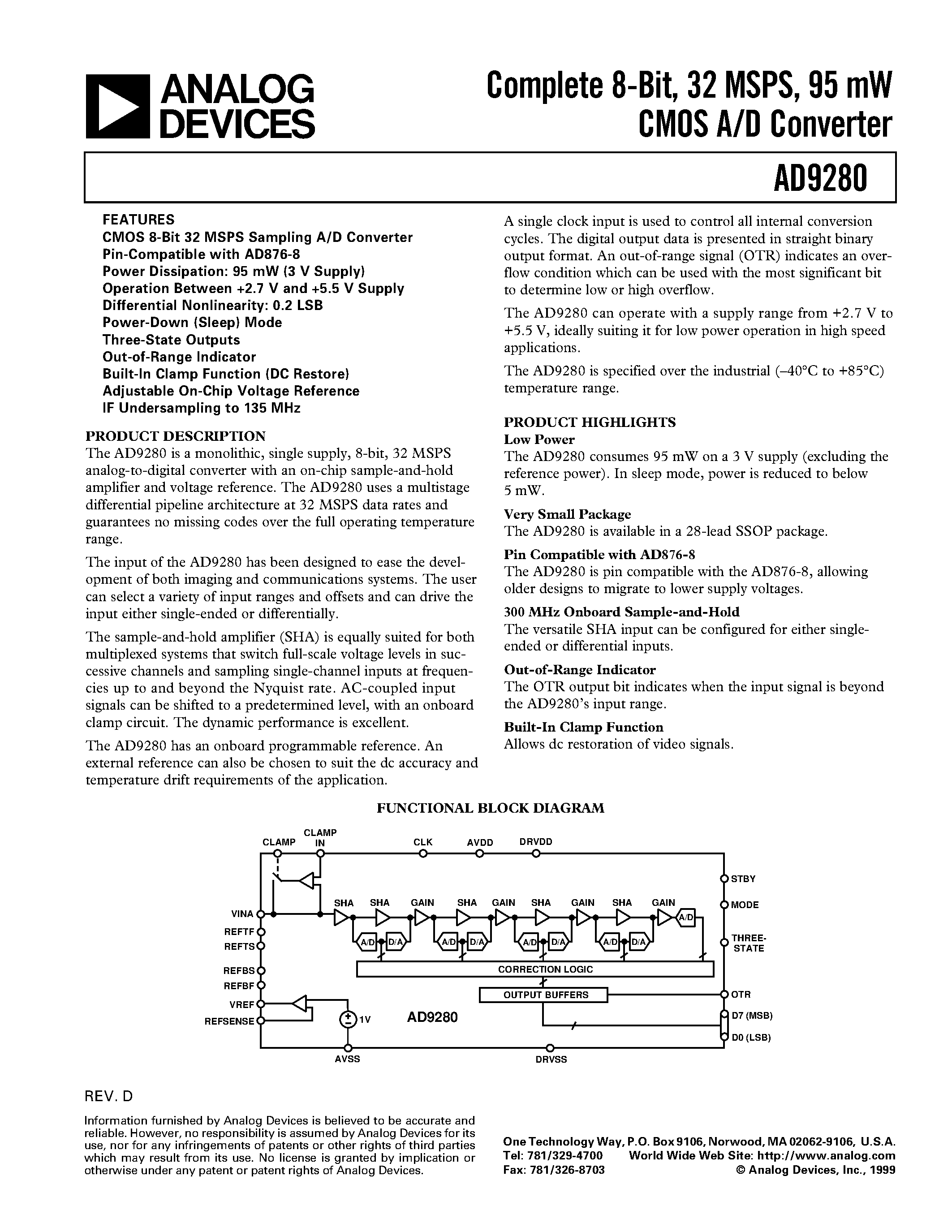 Datasheet AD9280ARS page 1 Datasheet AD9280ARS - Complete 8-Bit/ 32 MSPS/ 95 mW CMOS A/D Converter page 1