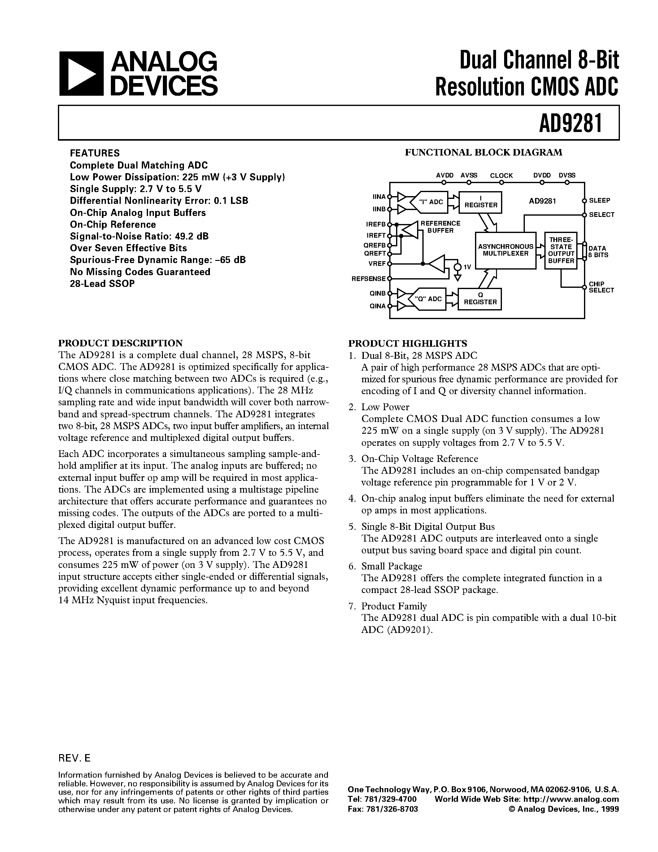 Datasheet AD9281 page 1 Datasheet AD9281 - Dual Channel 8-Bit Resolution CMOS ADC page 1