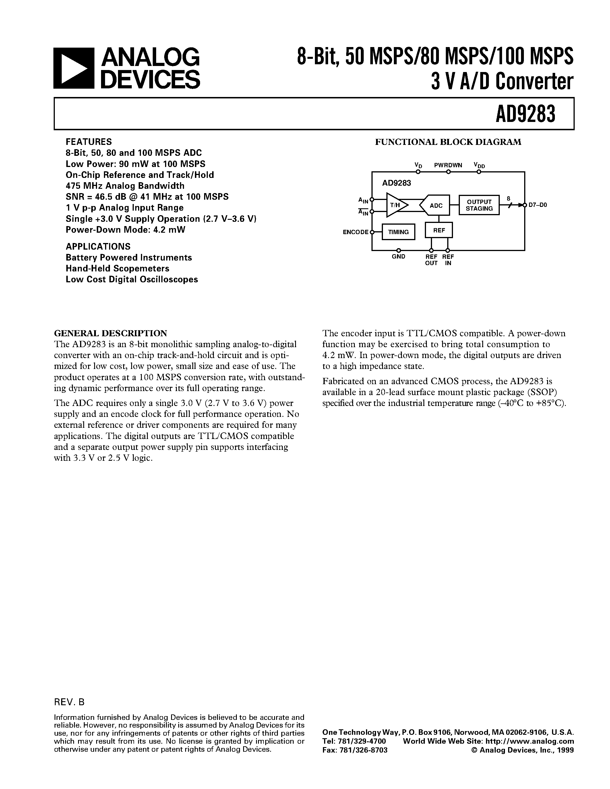 Datasheet AD9283 page 1 Datasheet AD9283 - 8-Bit/ 50 MSPS/80 MSPS/100 MSPS 3 V A/D Converter page 1