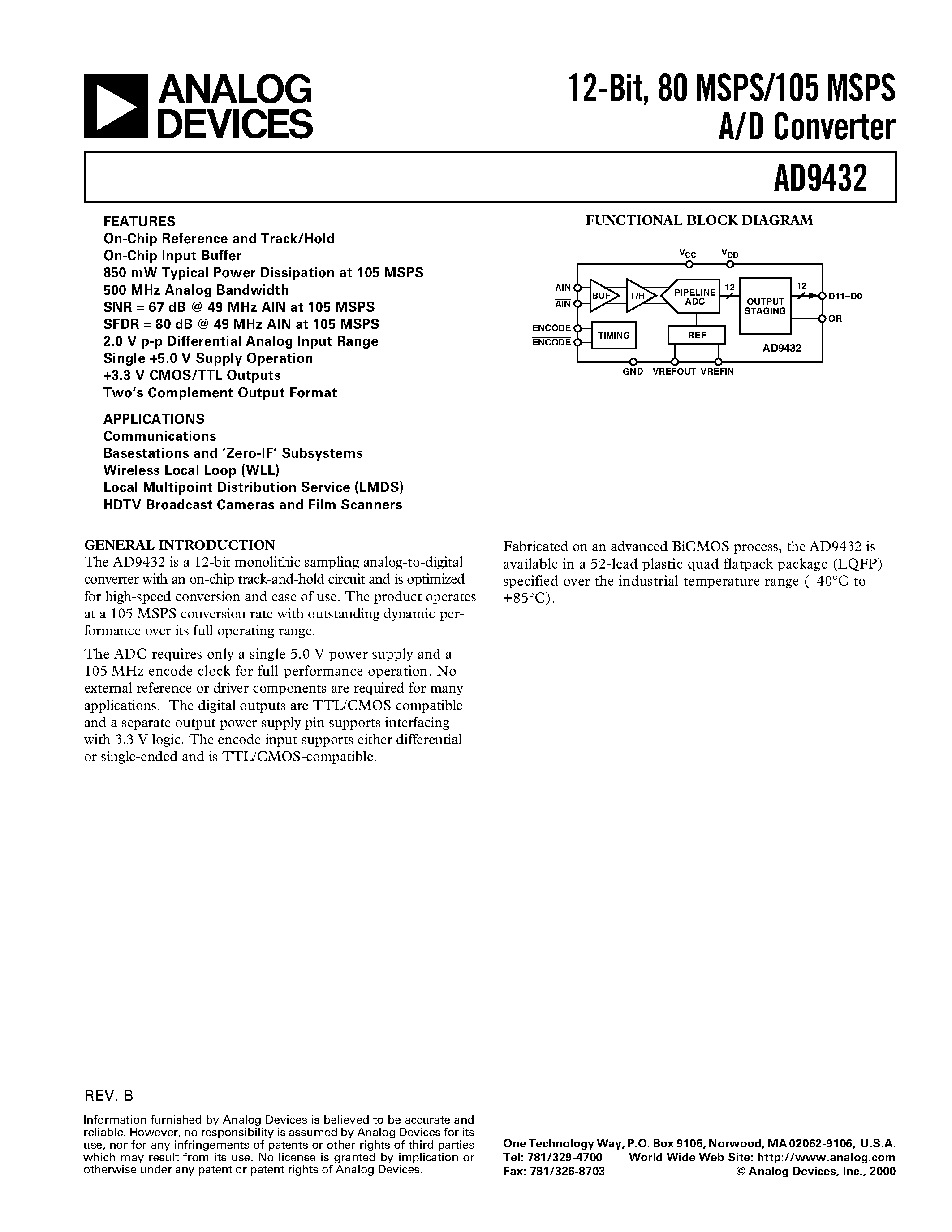 Datasheet AD9432 page 1 Datasheet AD9432 - 12-Bit/ 80 MSPS/105 MSPS A/D Converter page 1