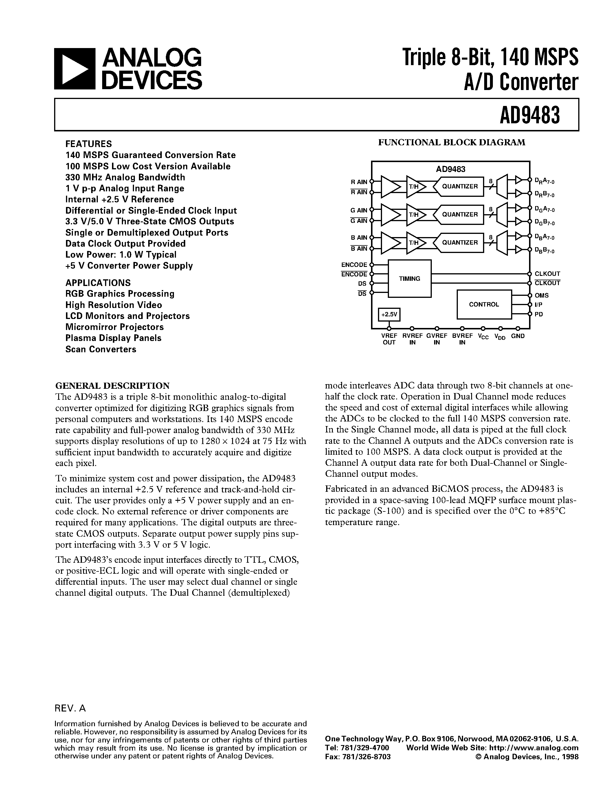 Datasheet AD9483KS-140 page 1 Datasheet AD9483KS-140 - Triple 8-Bit/ 140 MSPS A/D Converter page 1