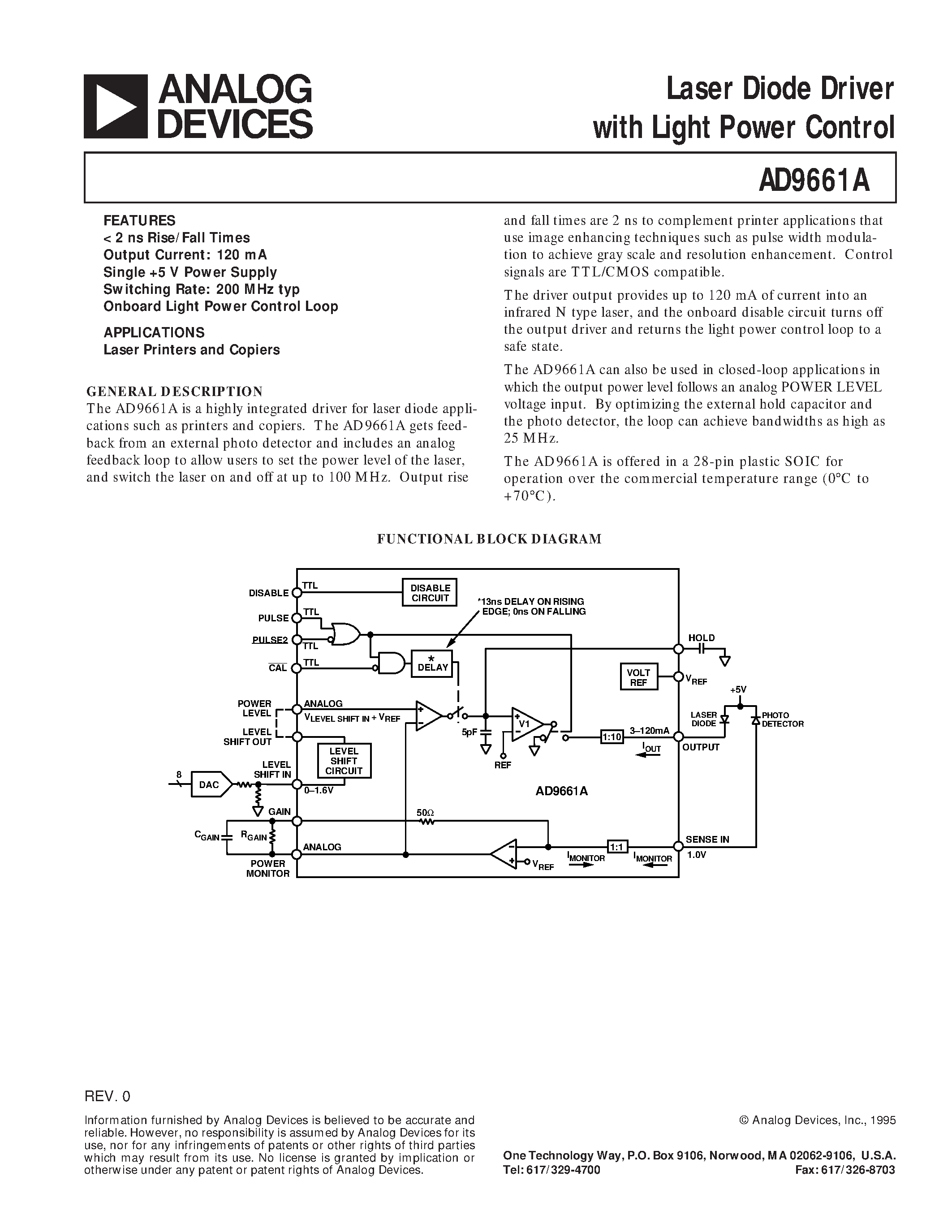 Datasheet AD9661A page 1 Datasheet AD9661A - Laser Diode Driver with Light Power Control page 1