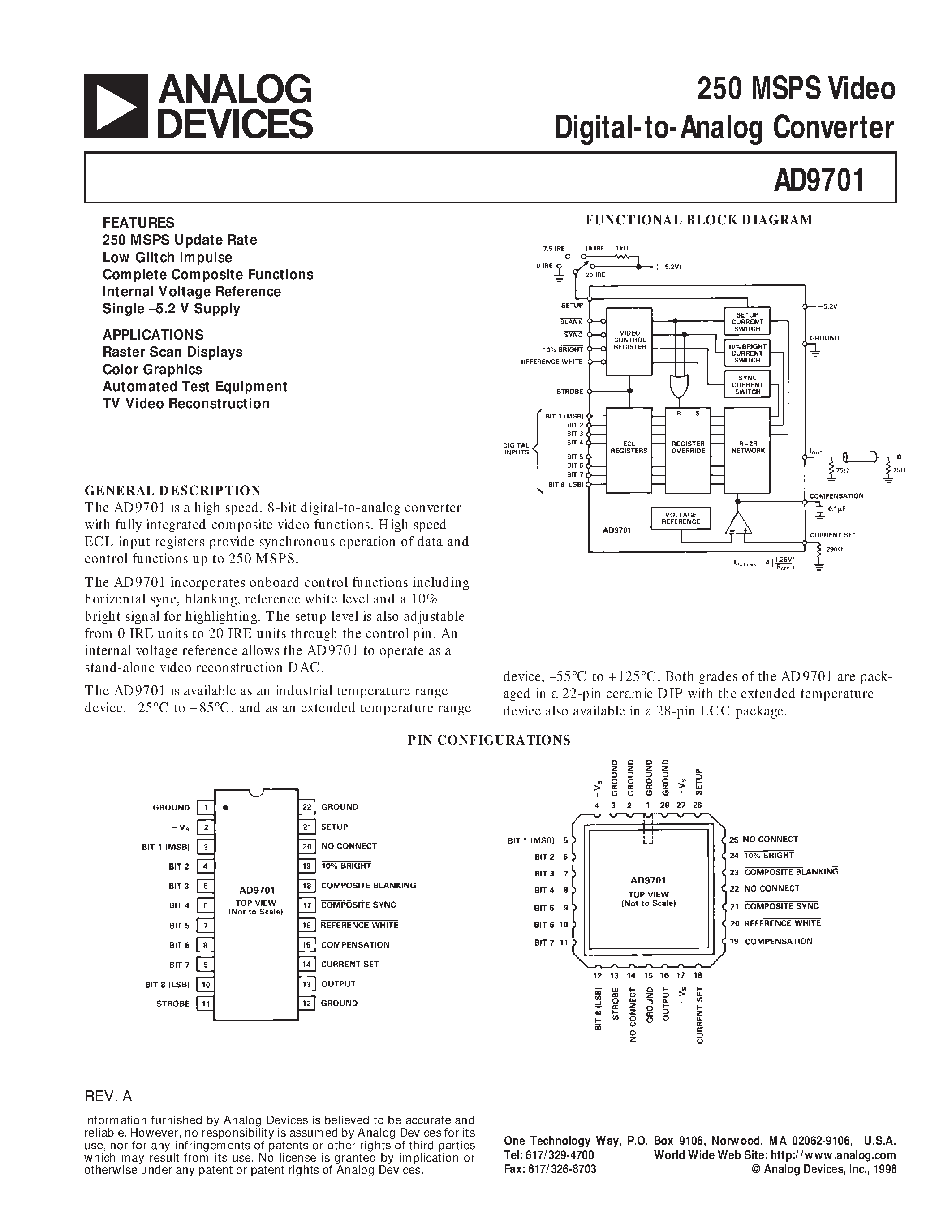Datasheet AD9701 page 1 Datasheet AD9701 - 250 MSPS Video Digital-to-Analog Converter page 1
