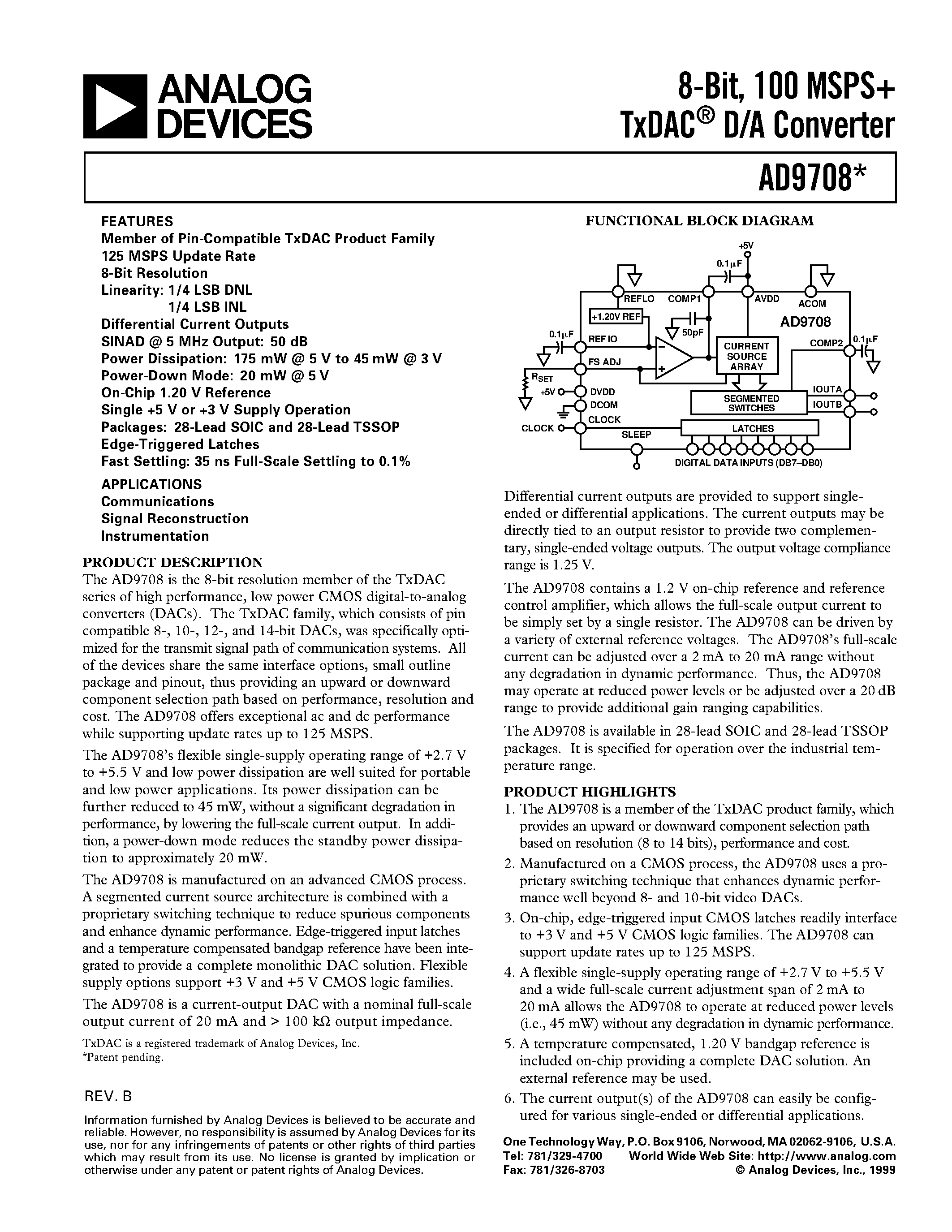 Datasheet AD9708ARU - 8-Bit/ 100 MSPS TxDAC D/A Converter page 1