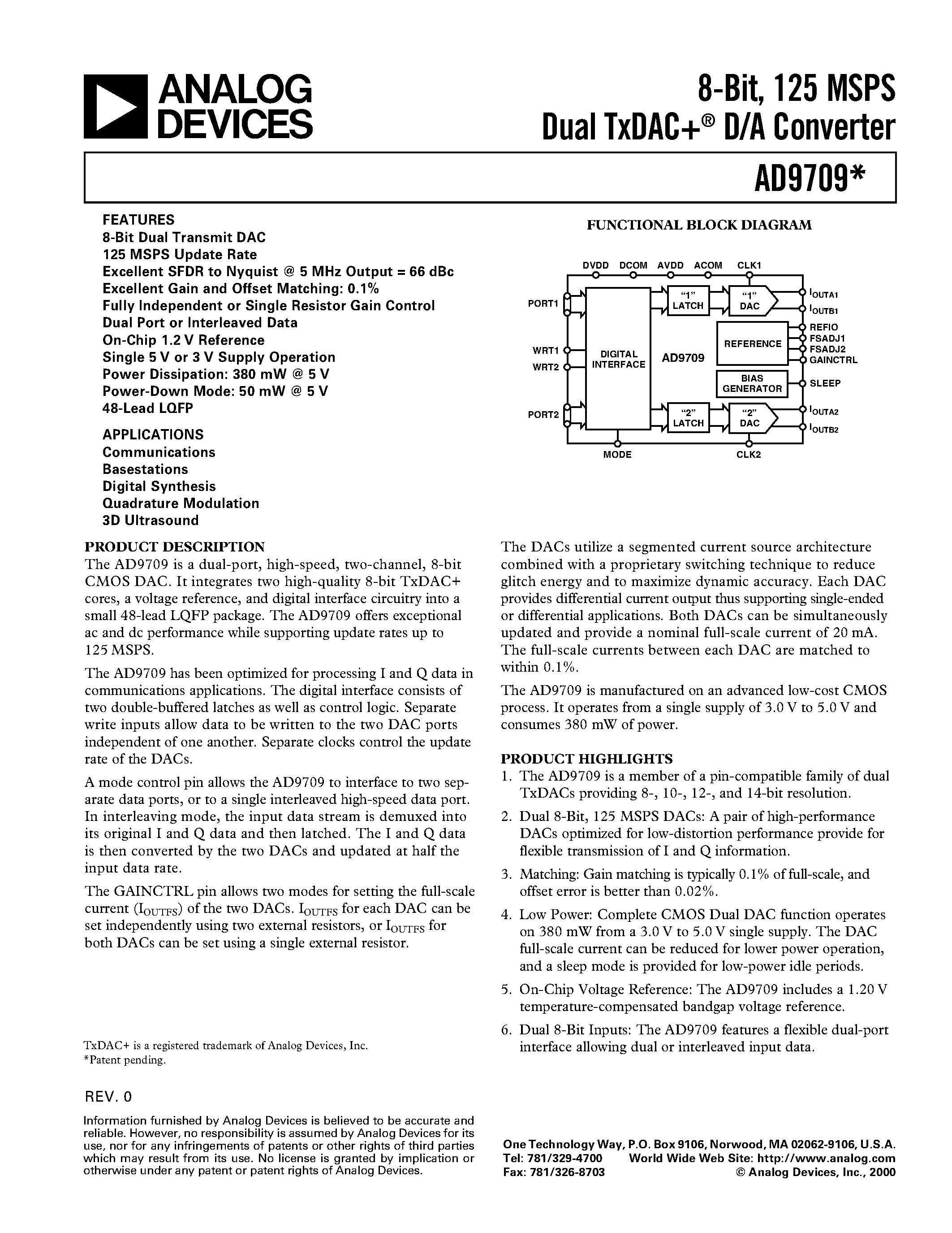 Datasheet AD9709 - 8-Bit/ 125 MSPS Dual TxDAC D/A Converter page 1