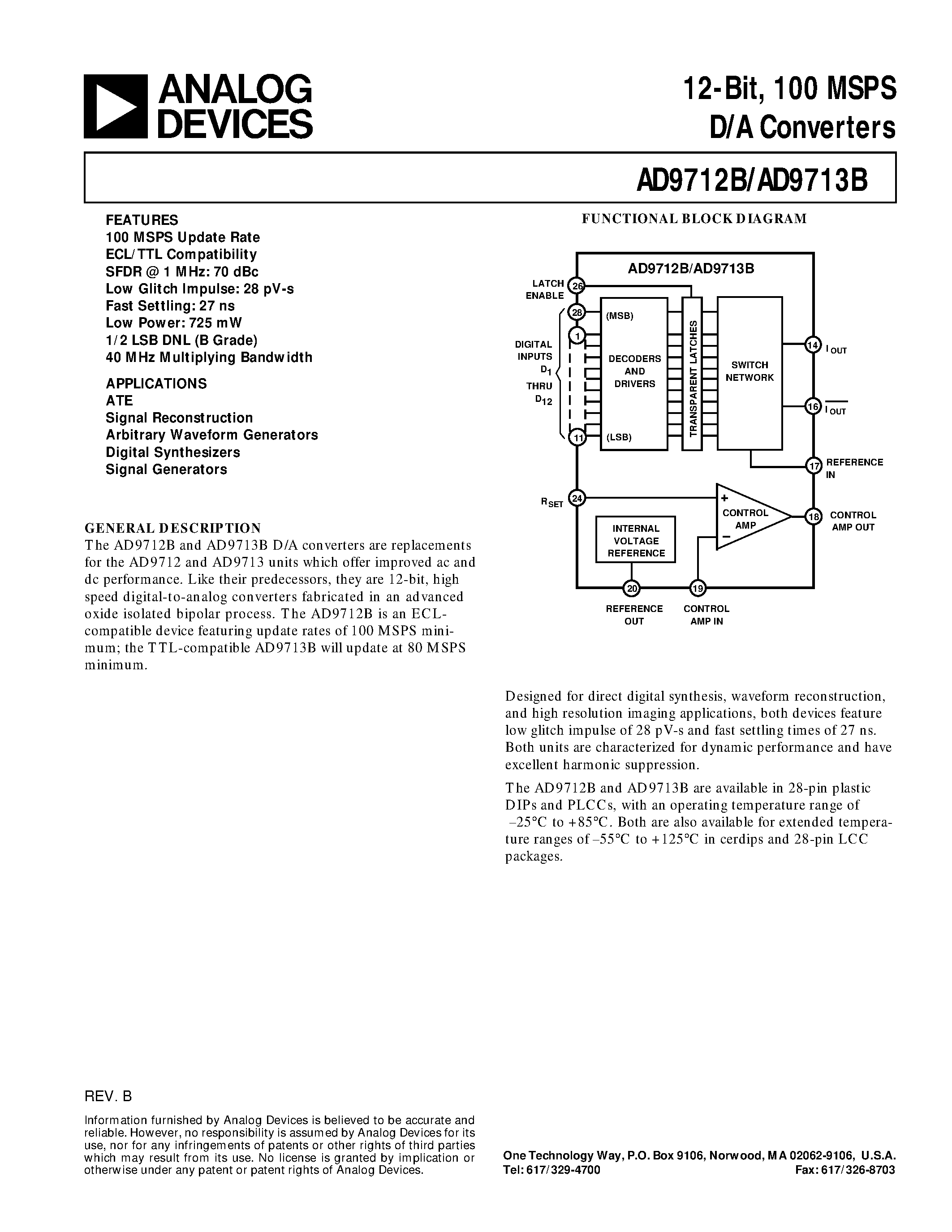 Datasheet AD9713BTE/883B - 12-Bit/ 100 MSPS D/A Converters page 1