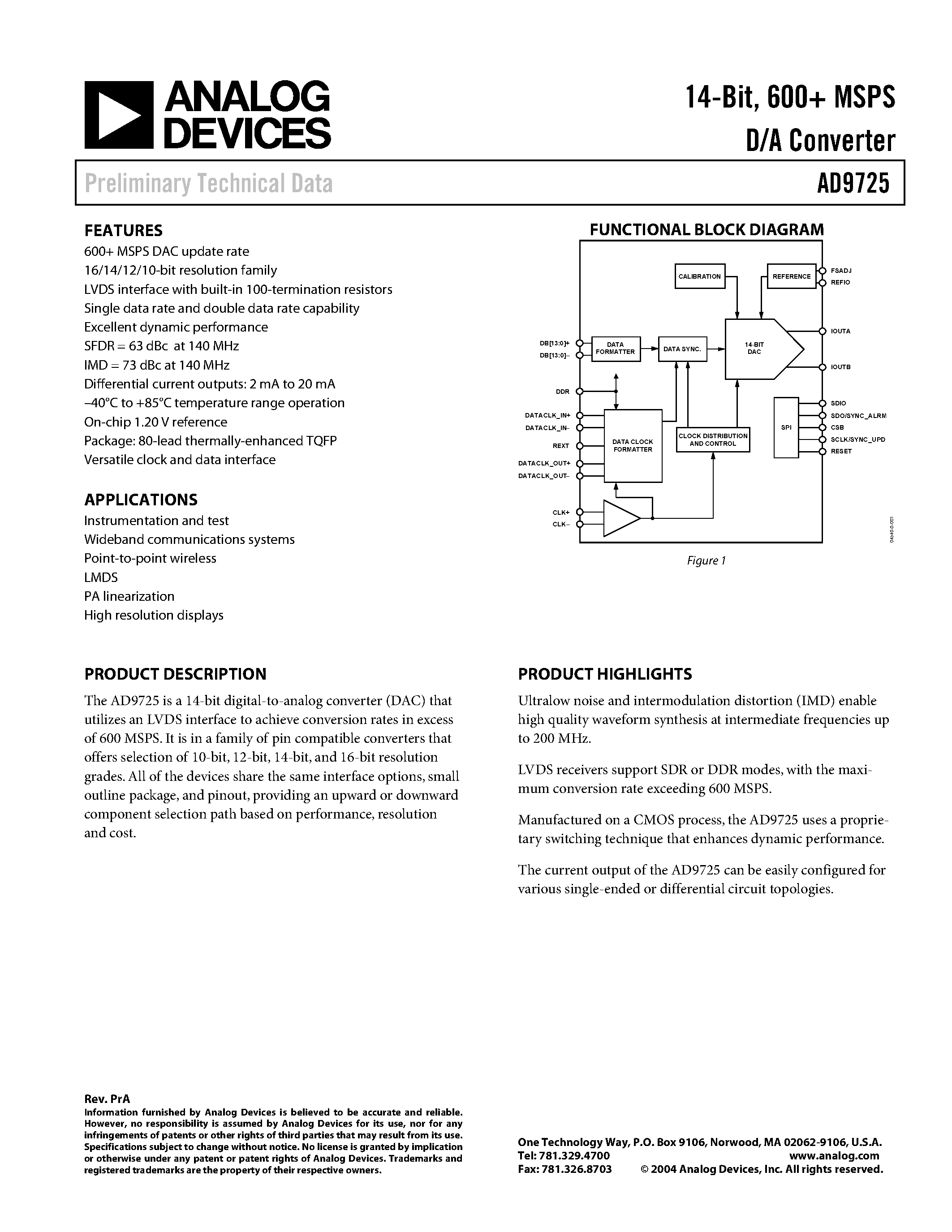 Datasheet AD9725 - 14-Bit/ 600+ MSPS D/A Converter page 1